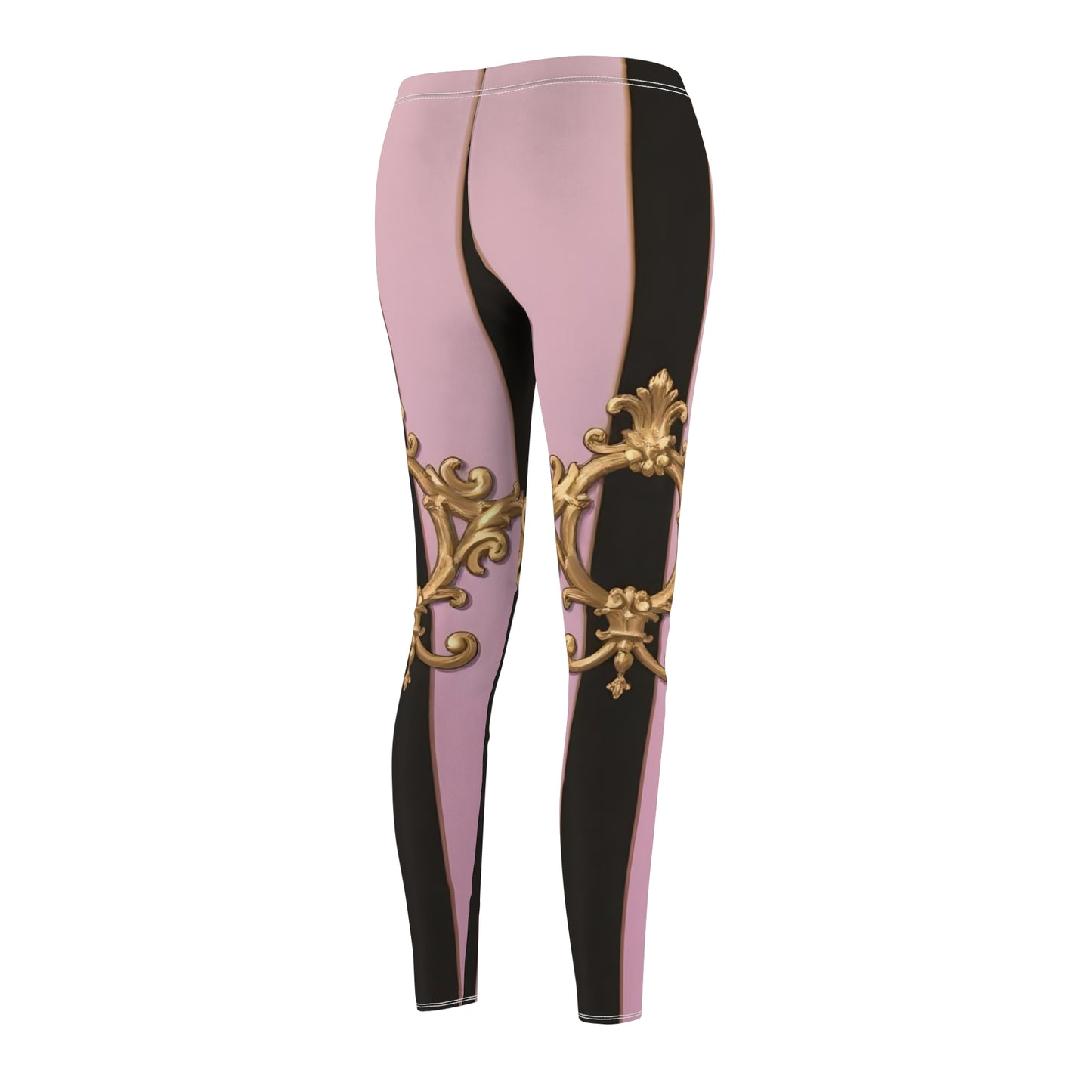 Elegant Women's AOP Leggings with Baroque Design, Chic Activewear, Trendy Workout Pants - Matte Lavender & Black Striped Gold Baroque