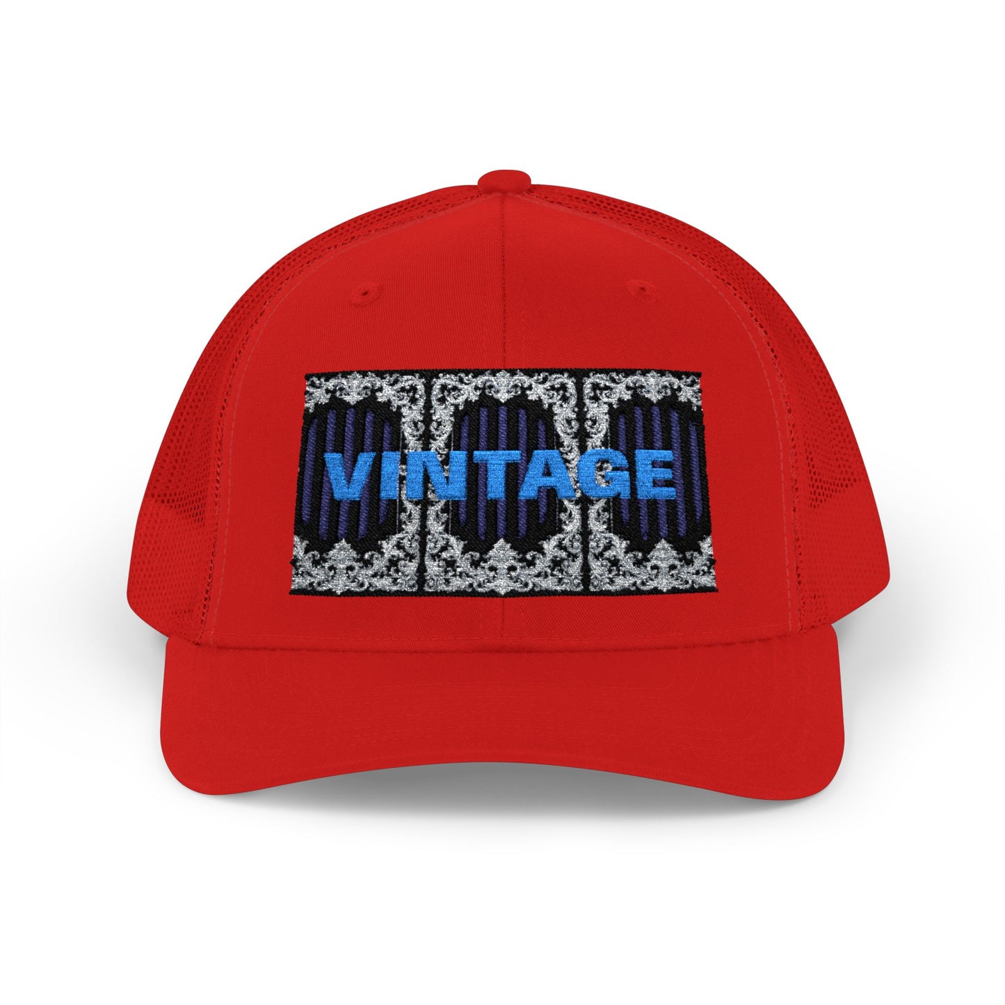 Vintage Navy Stripes & Baroque Trucker Cap — Retro 'VINTAGE' Embroidered Snapback