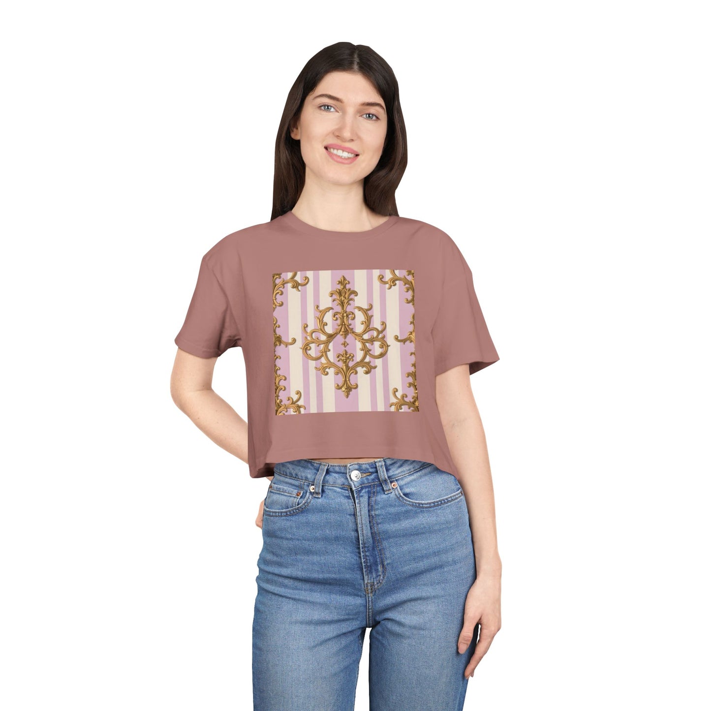 Chic Women's Crop Tee with Elegant Pink and Gold Design, Fashion Tee, Summer Style, Gift for Her - Lilac & Alabaster Striped Gold Baroque