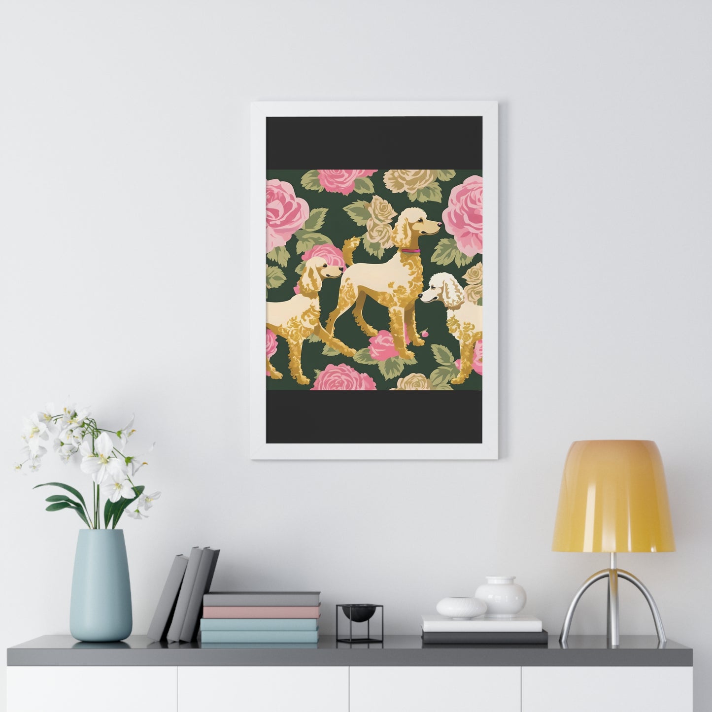 Vertical Poster - Stylish Framed - Art for Home Decor - Poodles In Dark Green & Pink Roses