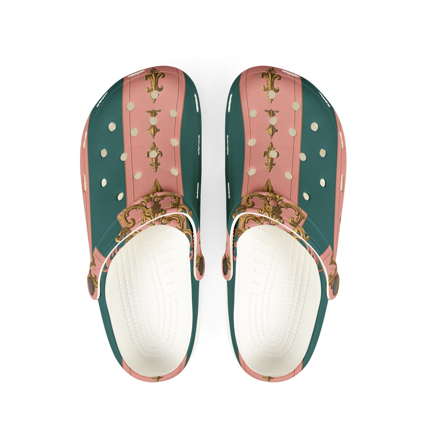 Stylish EVA Foam Rubber Shoes with Elegant Floral Design, Comfortable Clogs for Everyday Wear - Pink & Teal Striped Gold Baroque
