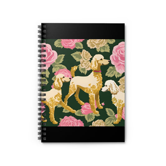 Elegant Vintage Spiral Notebook - Ruled Line with Damask Poodles In Dark Green & Pink Roses
