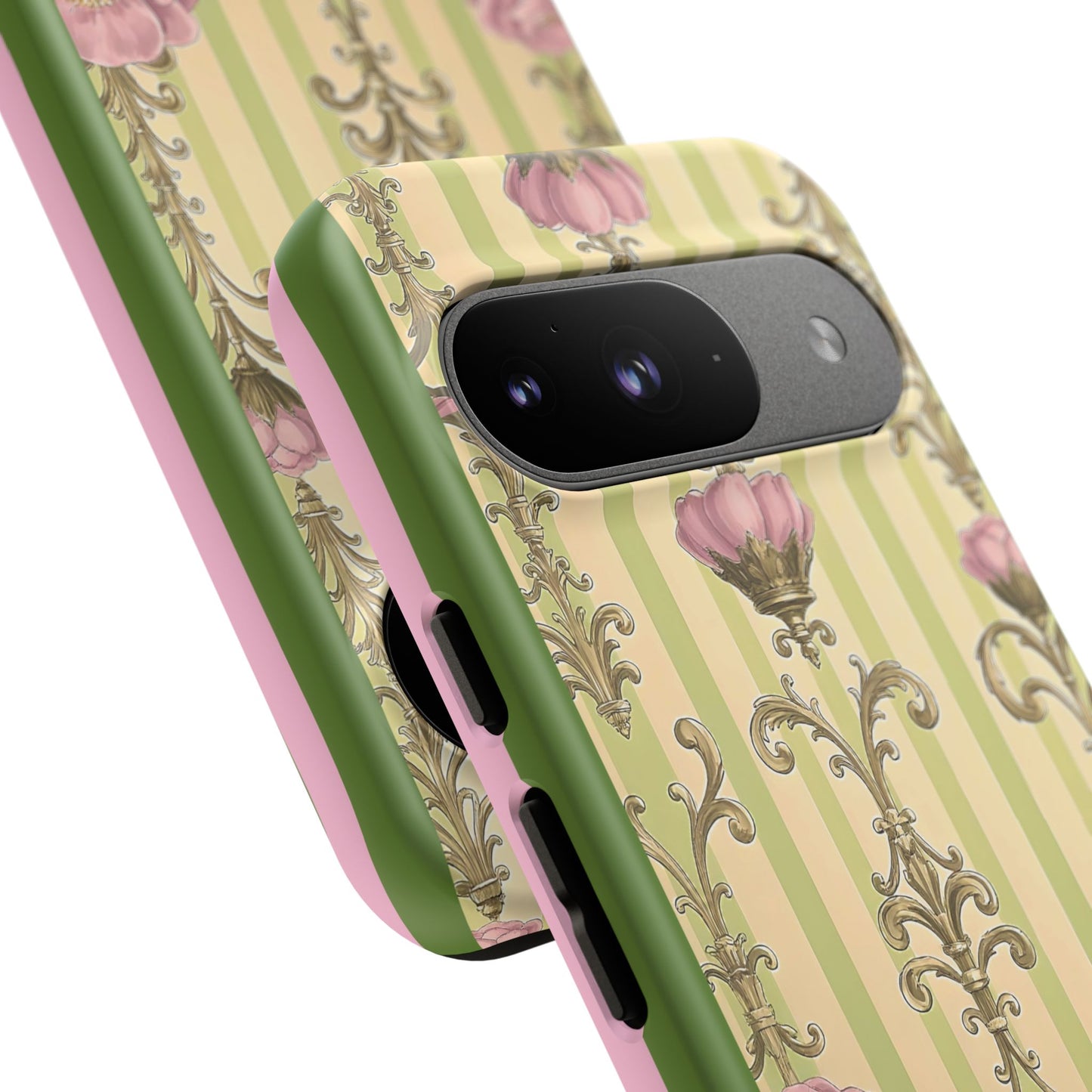 Elegant Floral Motif Phone Case - Tough Cases with Vintage Design - Lime Green & Pink Striped Damask