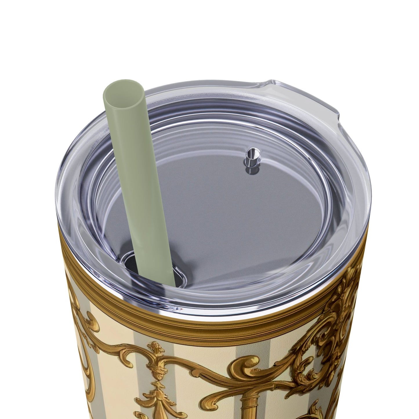 Elegant Vintage Skinny Tumbler with Straw, 20oz - Golden Baroque Design for Weddings, Parties - Matte Gray & Cream Striped Gold Baroque