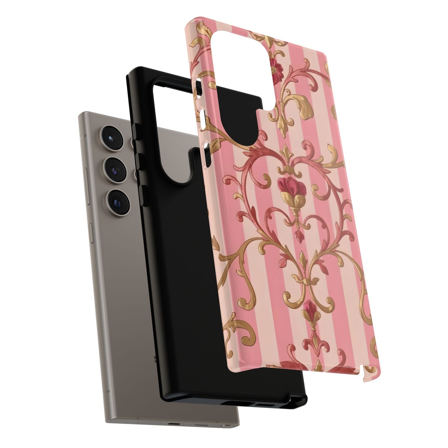 Elegant Floral Motif Phone Case - Tough Cases with Vintage Design - Pink Striped Rose Gold Damask