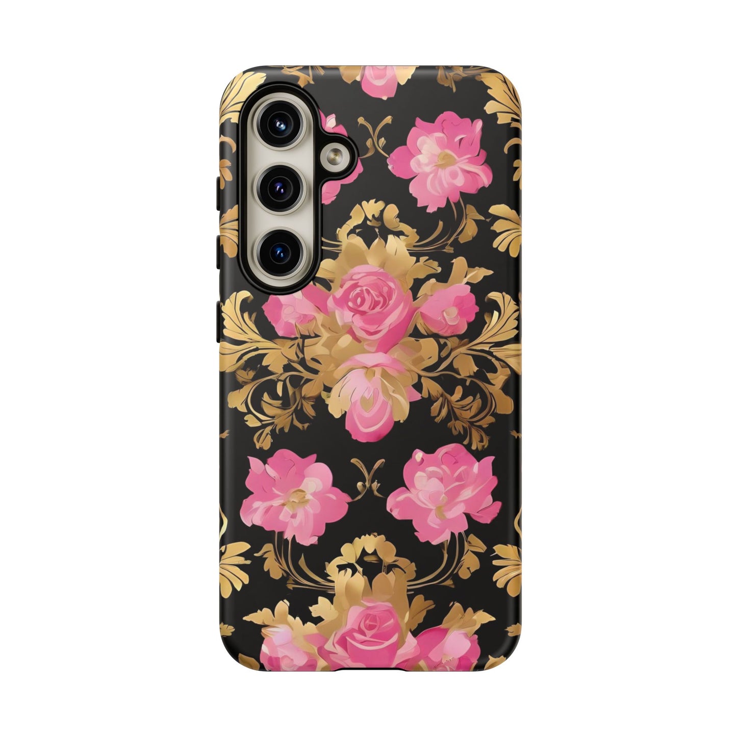 Elegant Floral Motif Phone Case - Tough Cases with Vintage Design - Pink & Gold Roses