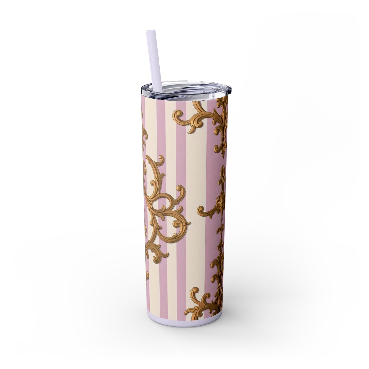 Elegant Pink Tumbler, Gold Patterned Travel Cup, Insulated Drink Holder, Stylish Coffee Tumbler - Lilac & Alabaster Striped Gold Baroque