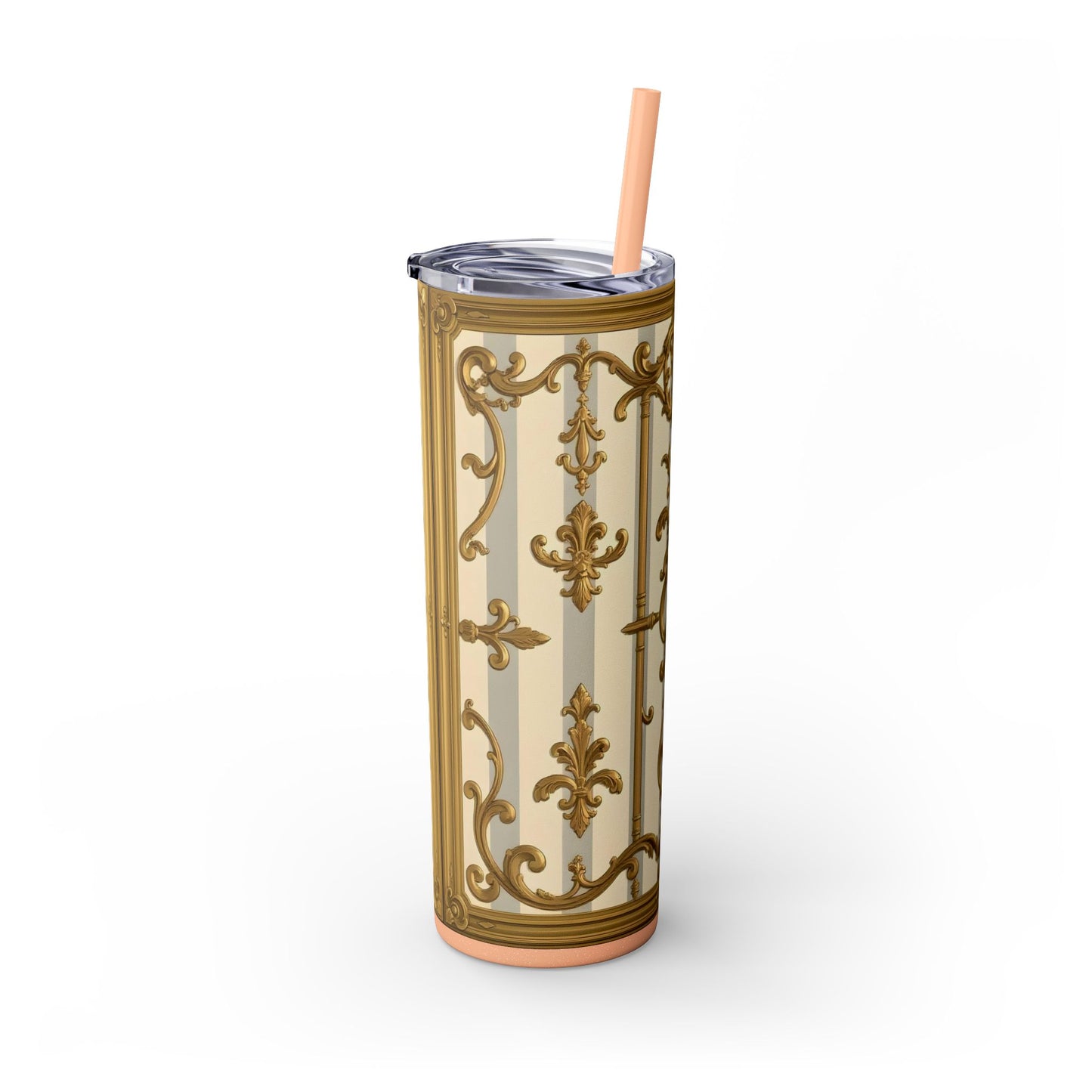 Elegant Vintage Skinny Tumbler with Straw, 20oz - Golden Baroque Design for Weddings, Parties - Matte Gray & Cream Striped Gold Baroque