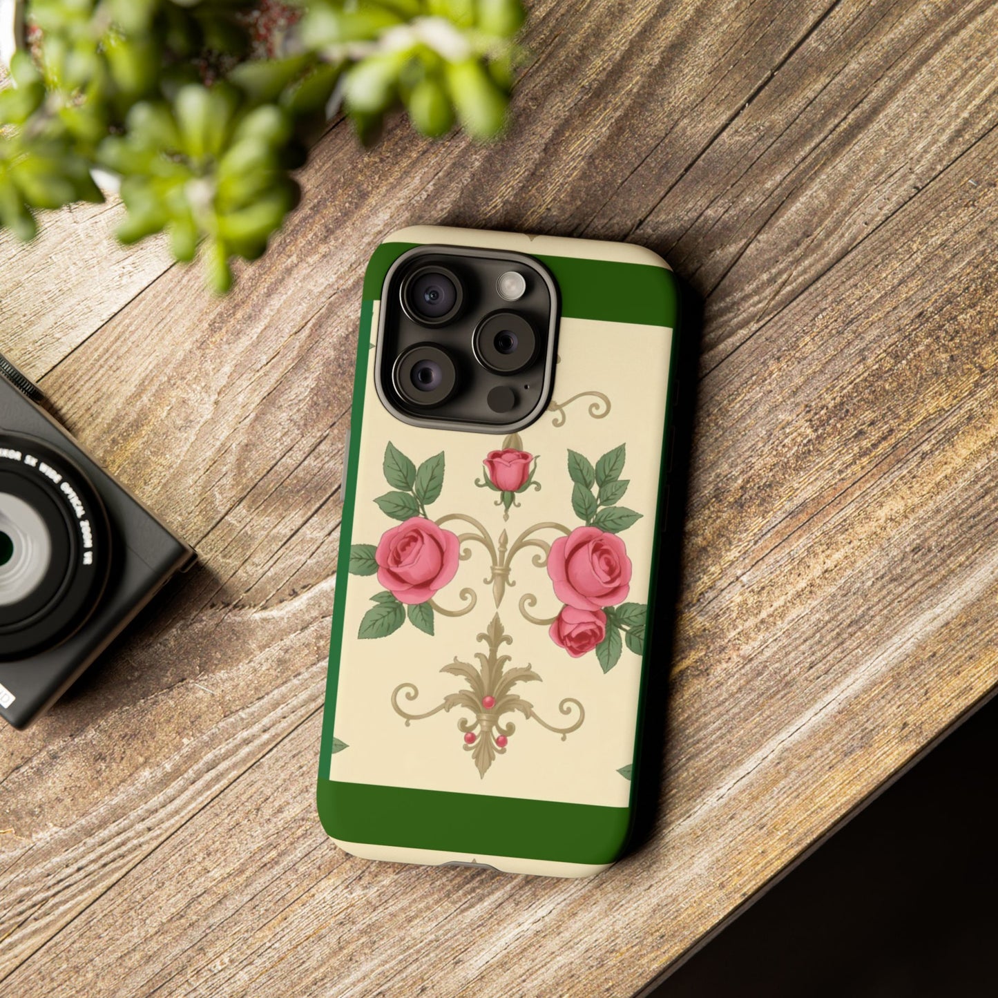 Elegant Floral Motif Phone Case - Tough Cases with Vintage Design - Green Border Roses & Damask