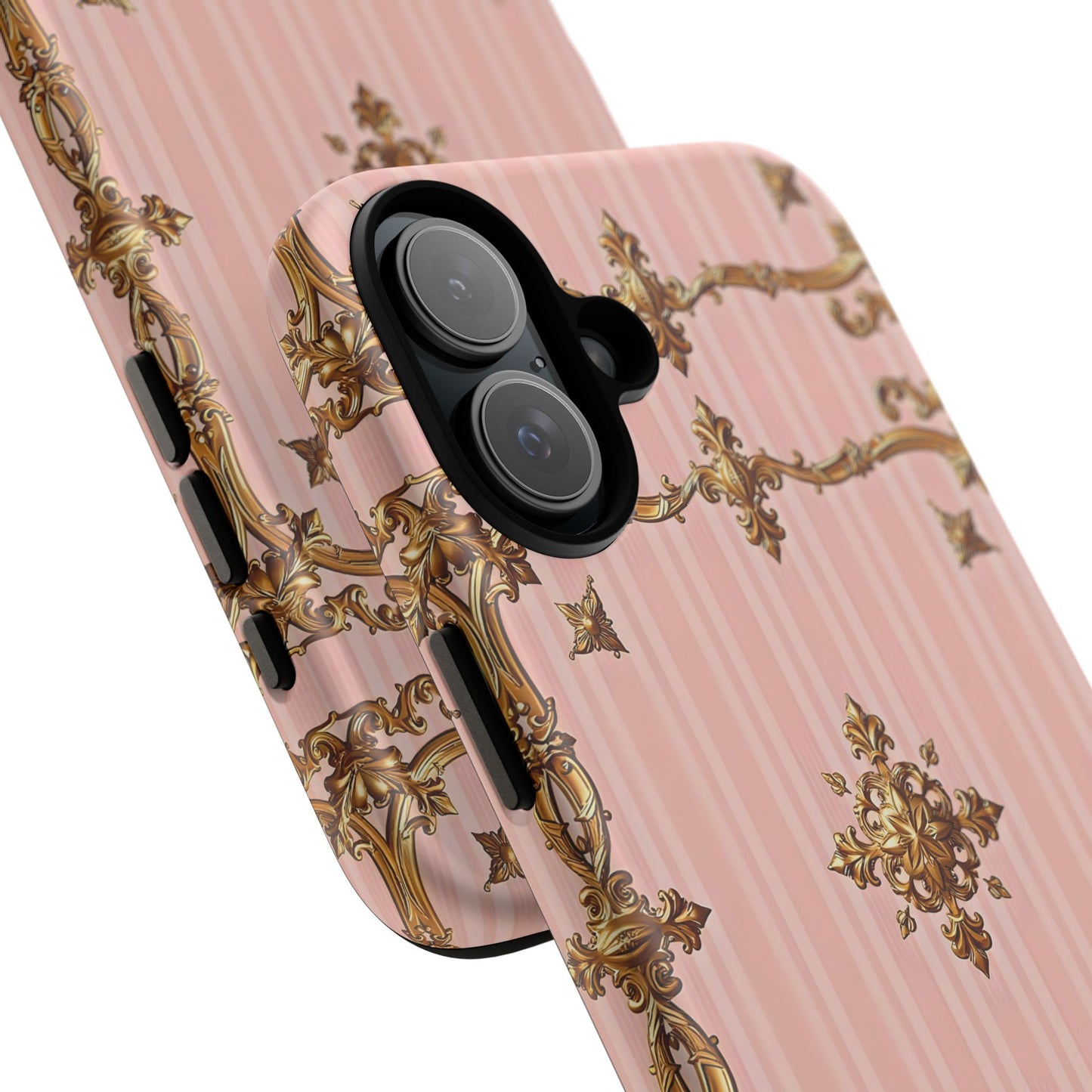 Elegant Floral Phone Case, Tough Cases for Women, Trendy Phone Cover, Chic Gift - Pink Striped Gold Baroque