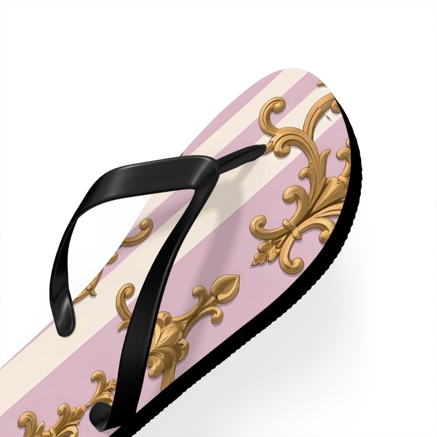 Chic Patterned Flip Flops for Stylish Summer Vibes, Beach Footwear, Vacation Sandals - Lilac & Alabaster Striped Gold Baroque