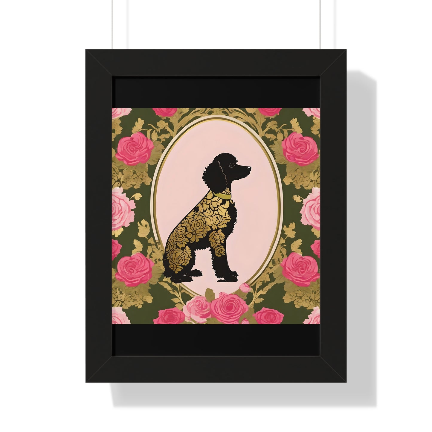 Vertical Poster - Stylish Framed - Art for Home Decor - Damask Black & Gold Poodle in Olive & Pink Roses