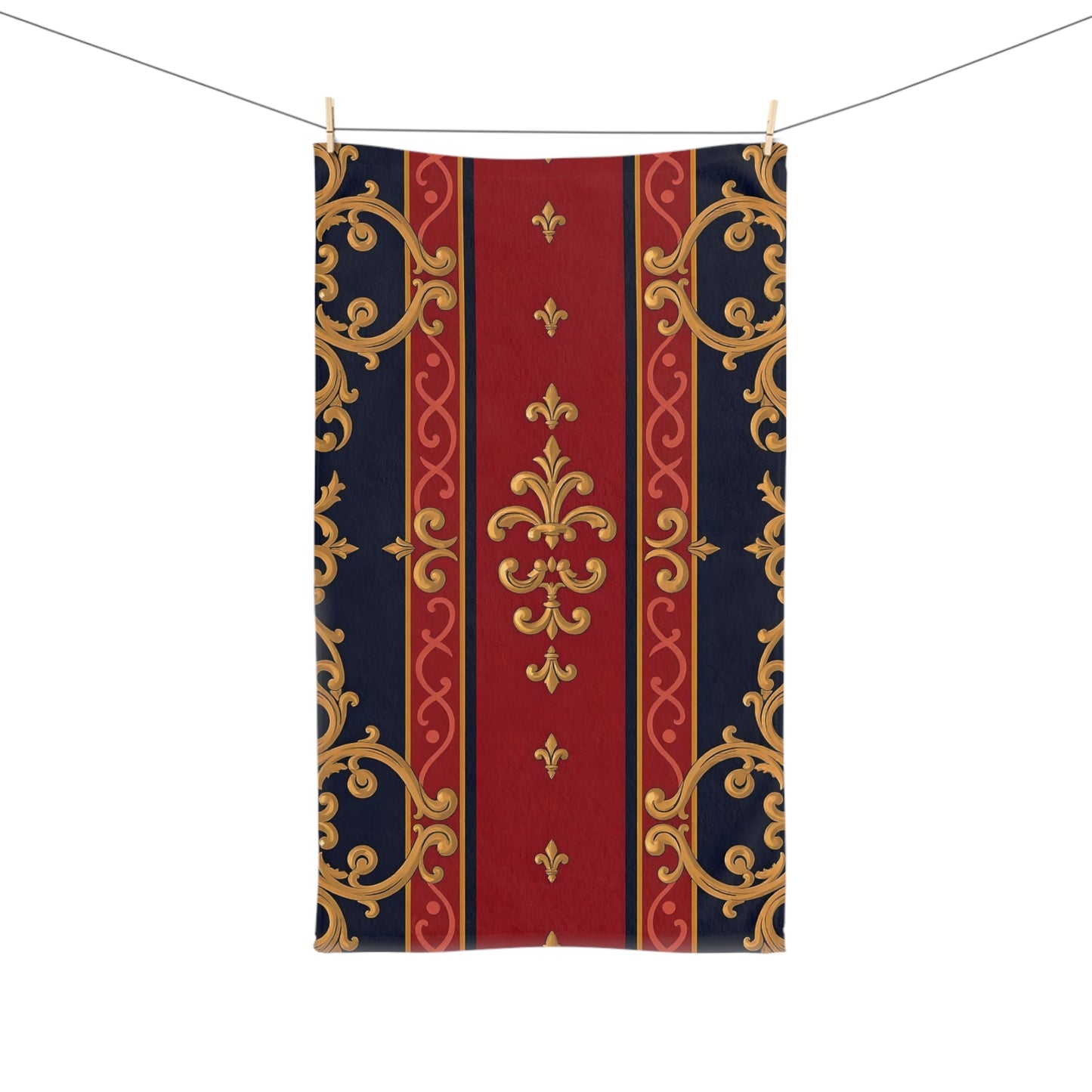 Elegant Floral Hand Towel - Luxurious Bath Decor, Elegant Gift, Kitchen Towel, Home Decor, Housewarming - Midnight Blue & Dusk Red Gold Baroque