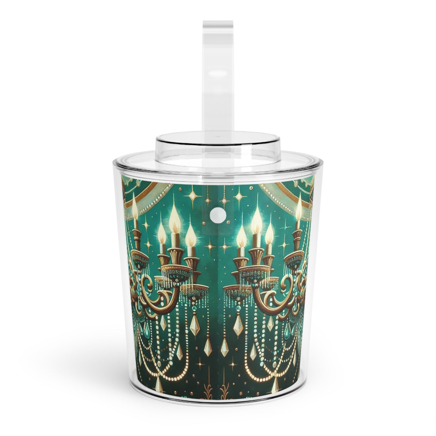 Ice Bucket with Tongs - Green & Gold Jeweled Chandelier