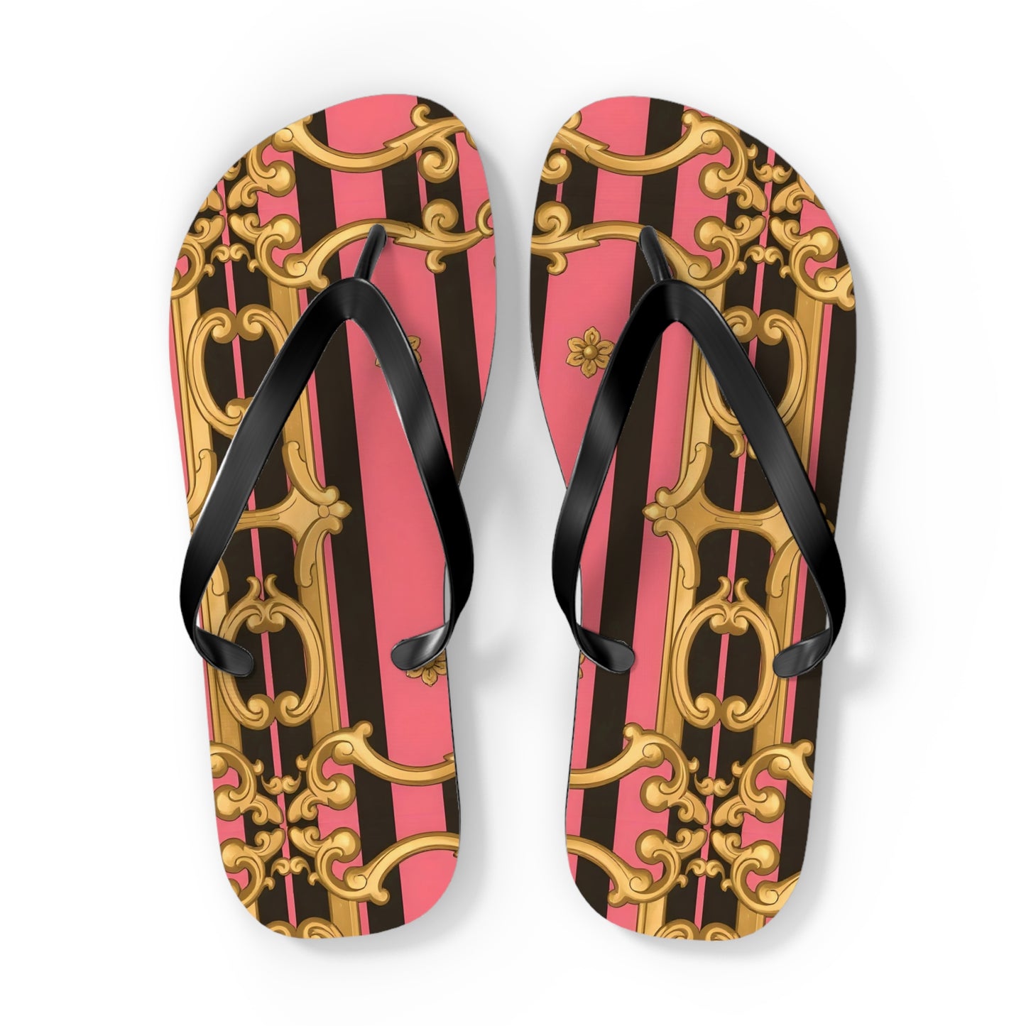 Chic Patterned Flip Flops - Stylish Summer Sandals, Beach Footwear, Pool Slides, Vacation Essentials, Gift for Her - Pink & Black Striped Gold Baroque