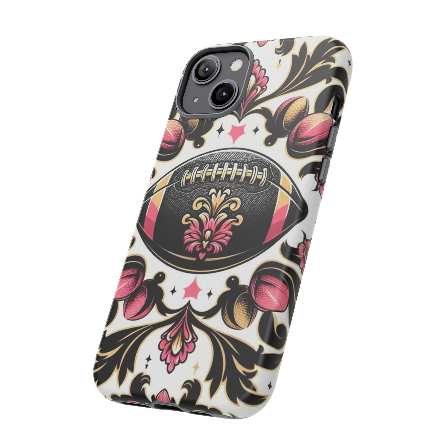 Elegant Floral Motif Phone Case - Tough Cases with Vintage Design - Damask White, Pink Gold & Black Football