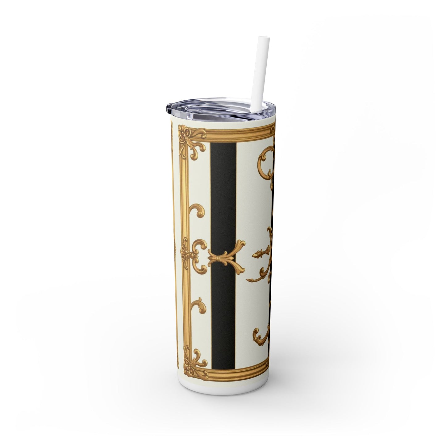 Elegant Gold Accents Skinny Tumbler, 20oz - Stylish Drinkware for Weddings, Parties, Gifts, or Everyday Use - Black & White Striped Gold Baroque