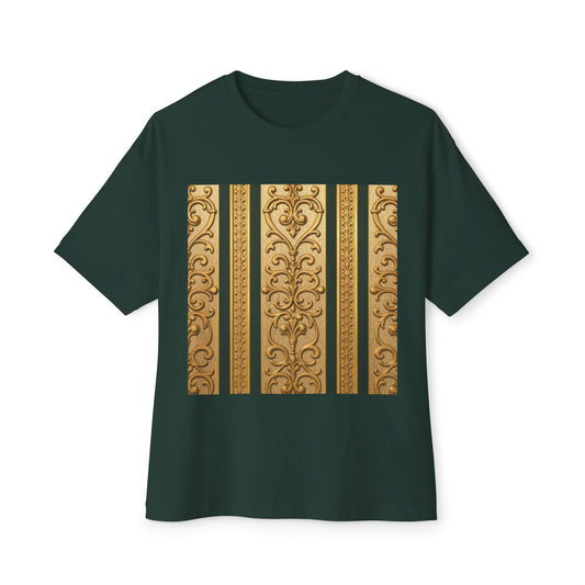 Elegant Teal Striped Gold Baroque Pattern Oversized Tee, Vintage Style T-Shirt, Fashion Top, Cozy Casual Wear, Perfect Gift for Art Lovers
