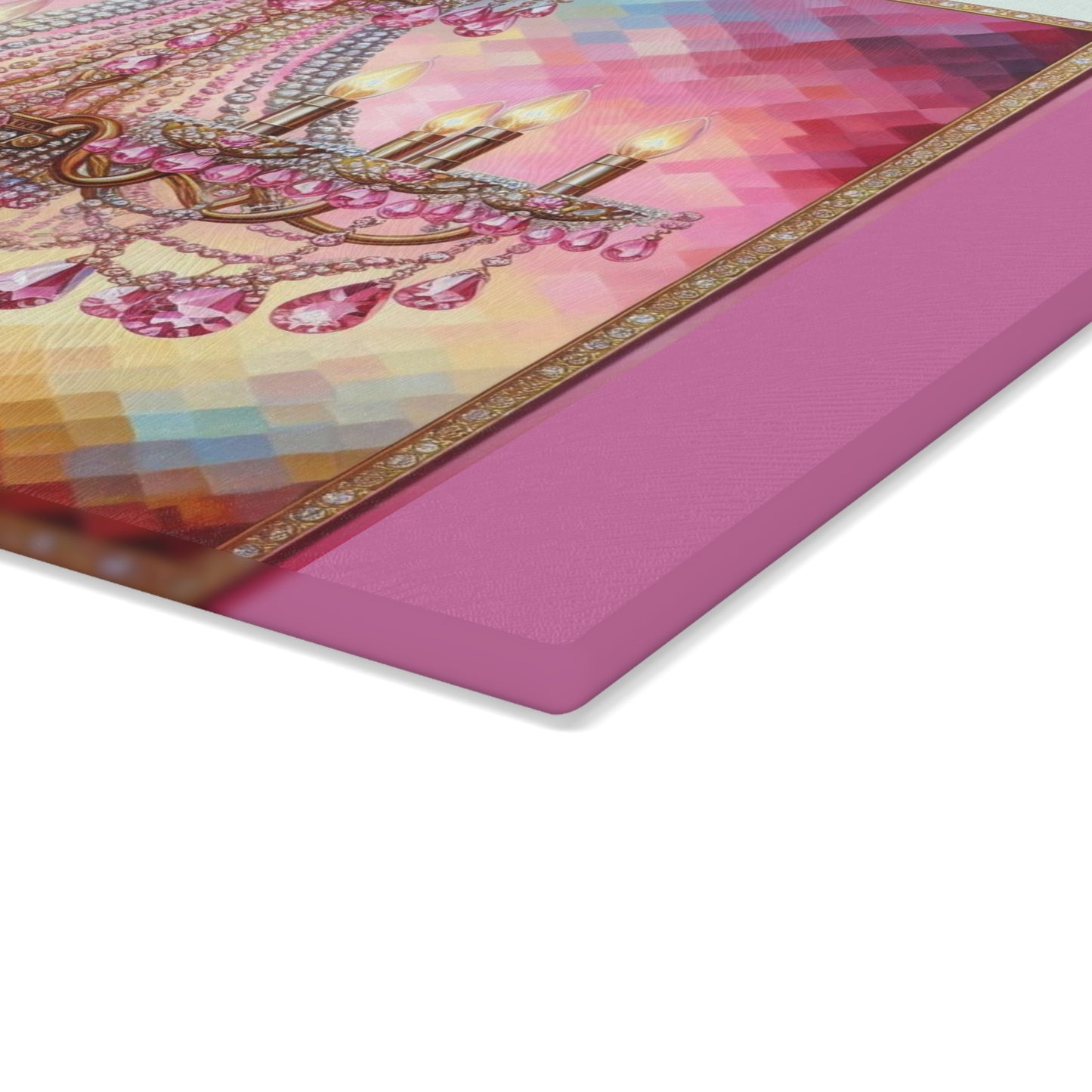 Chic Glass Cutting Board with Elegant Chandelier Design - Kitchen Decor for Entertaining, Housewarming Gift, Wedding - Pink Jeweled Chandelier