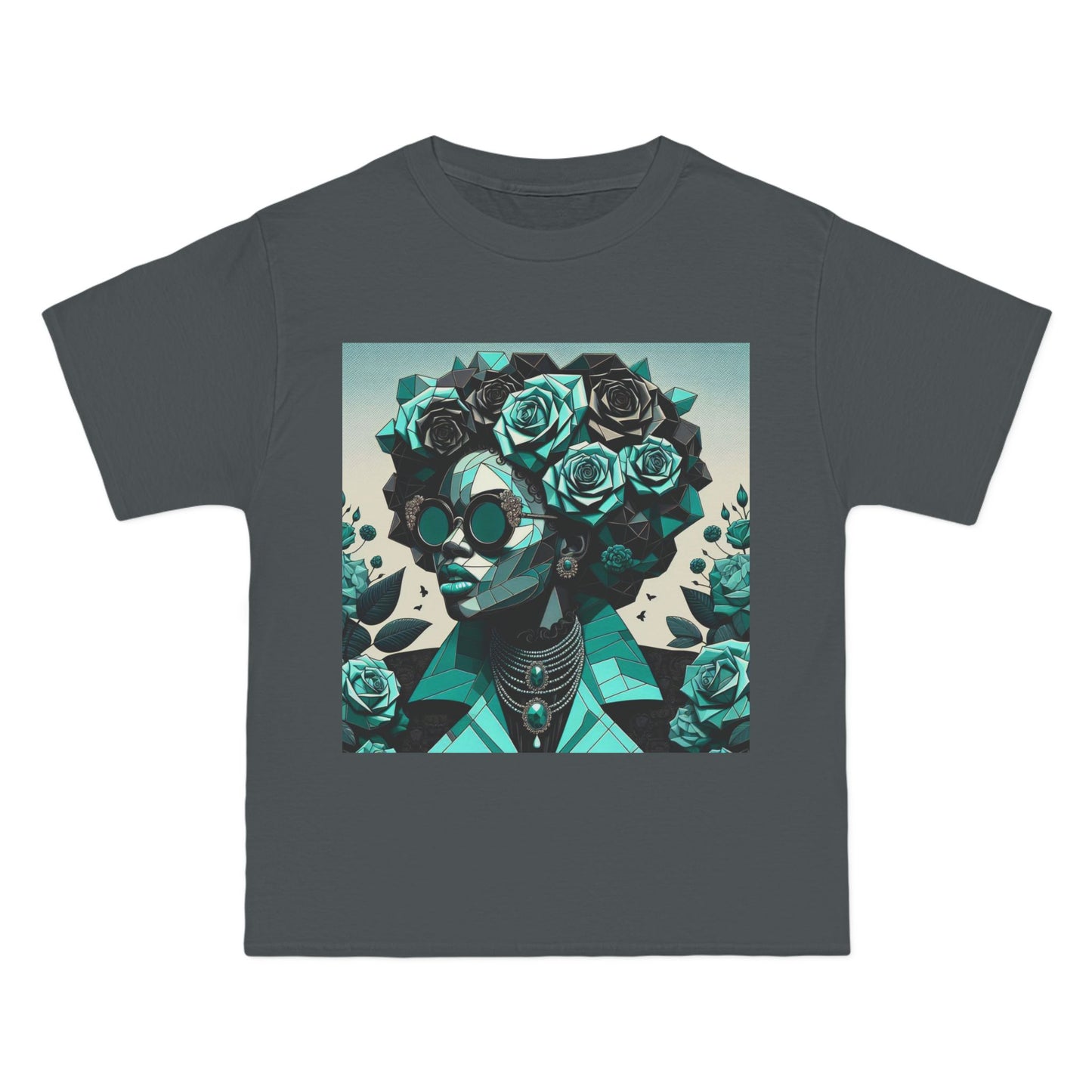 Trendy Floral Graphic Tee | Artistic Short-Sleeve Shirt, Fashionable Summer Top, Chic Gift for Her - Turquoise & Black Roses Lady