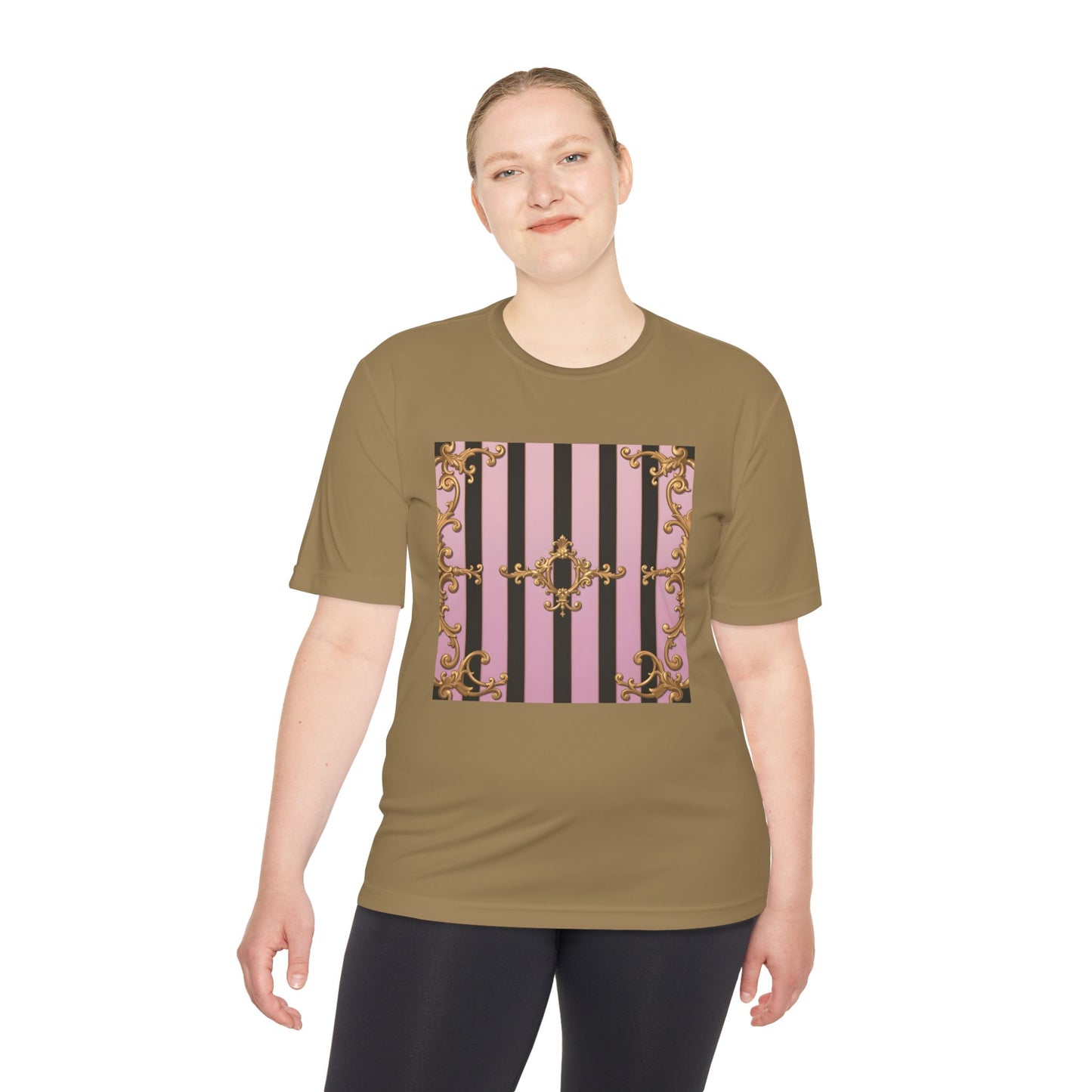 Elegant Striped Unisex Moisture Wicking Tee, Stylish Workout T-Shirt, Fashionable Athletic Top - Matte Lavender & Black Striped Gold Baroque