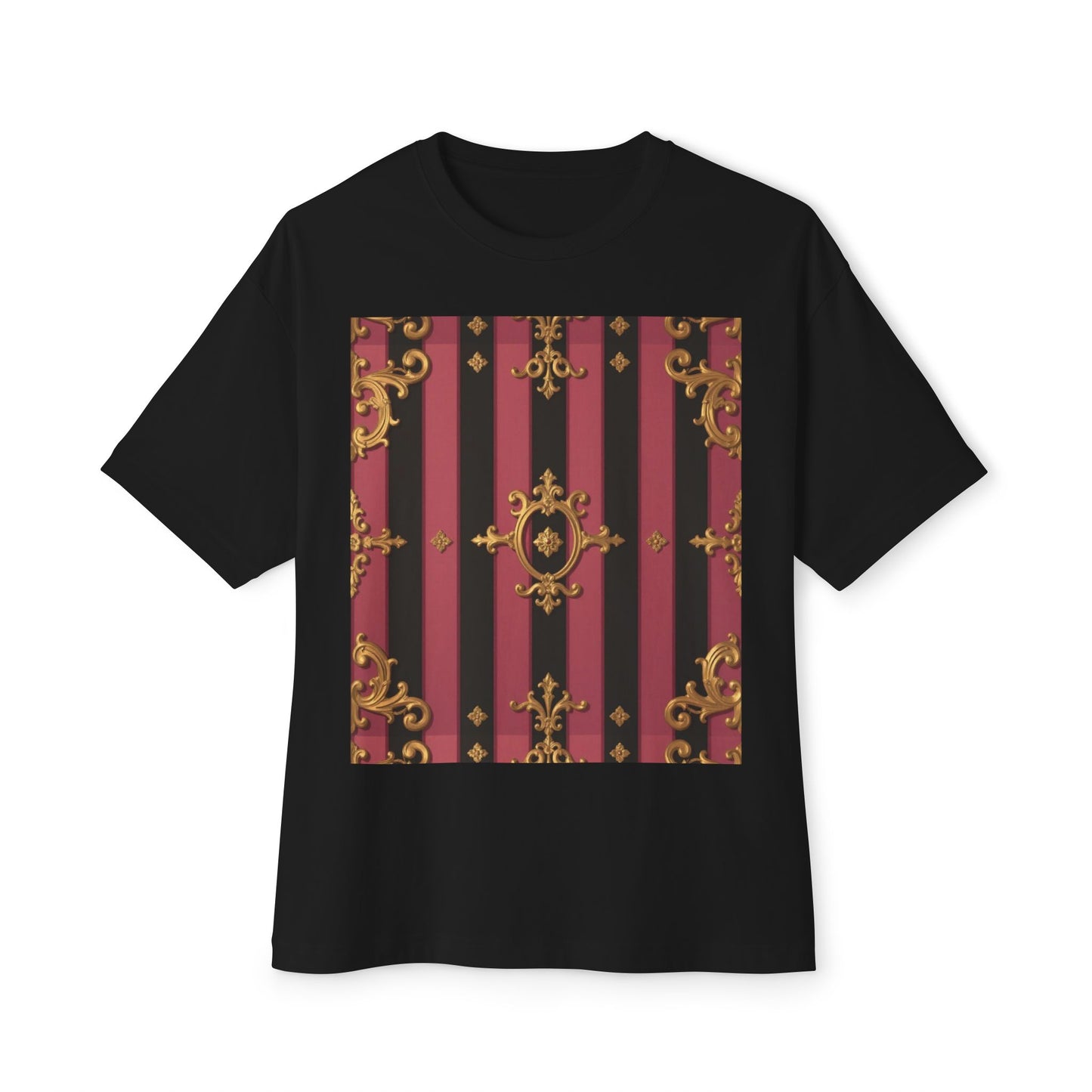 Stylish Black & Mauve Striped Gold Baroque Oversized Tee - Chic Statement Top, Casual Fashion, Perfect for Festivals