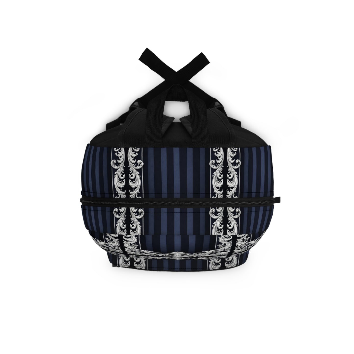 Navy Stripes & Baroque Backpack — Vintage Ornate Scroll Pattern, Navy & Silver