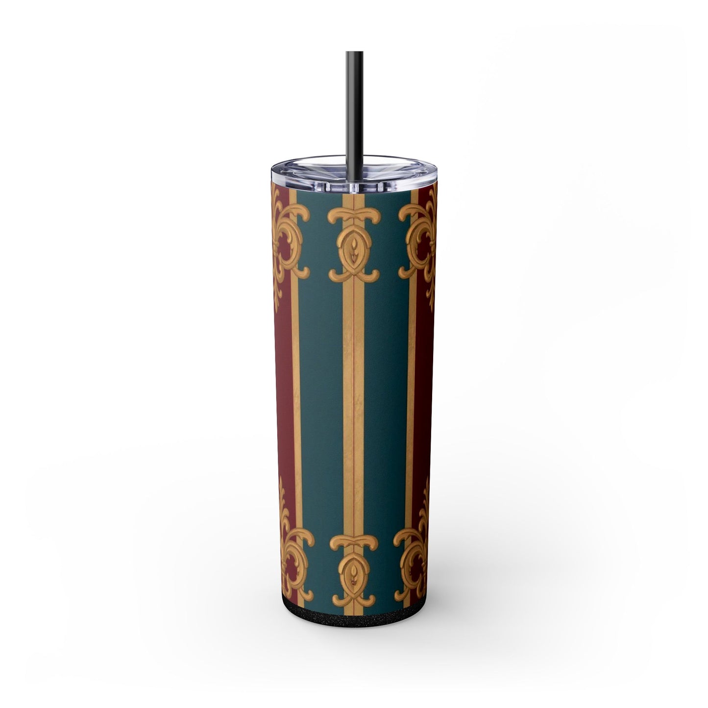Elegant Vintage Skinny Tumbler with Straw, 20oz | Gold & Burgundy Design | Travel Mug, Gift for Her - Burgundy Striped Gold Baroque