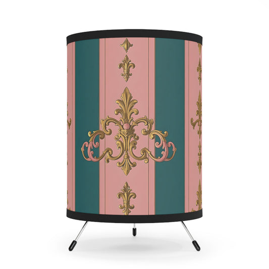 Elegant Tripod Lamp with Vintage Floral Pattern Shade, Home Decor, Boho Lighting, Table Lamp - Pink & Teal Striped Gold Baroque