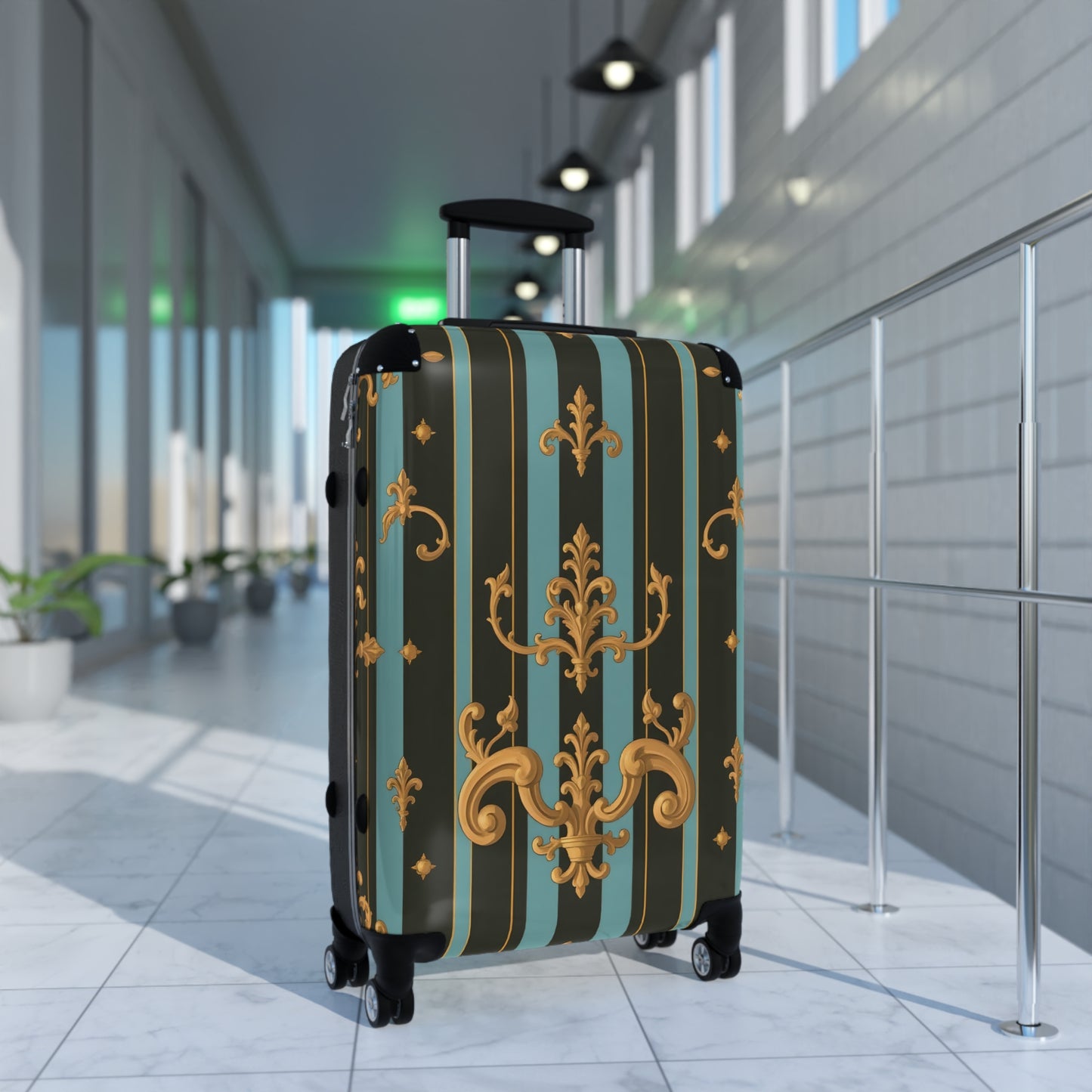 Elegant Vintage Striped Suitcase, Travel Luggage, Stylish Travel Gear, Unique Gift for Travelers, Sturdy Cabin Bag - Black & Turquoise Striped Baroque
