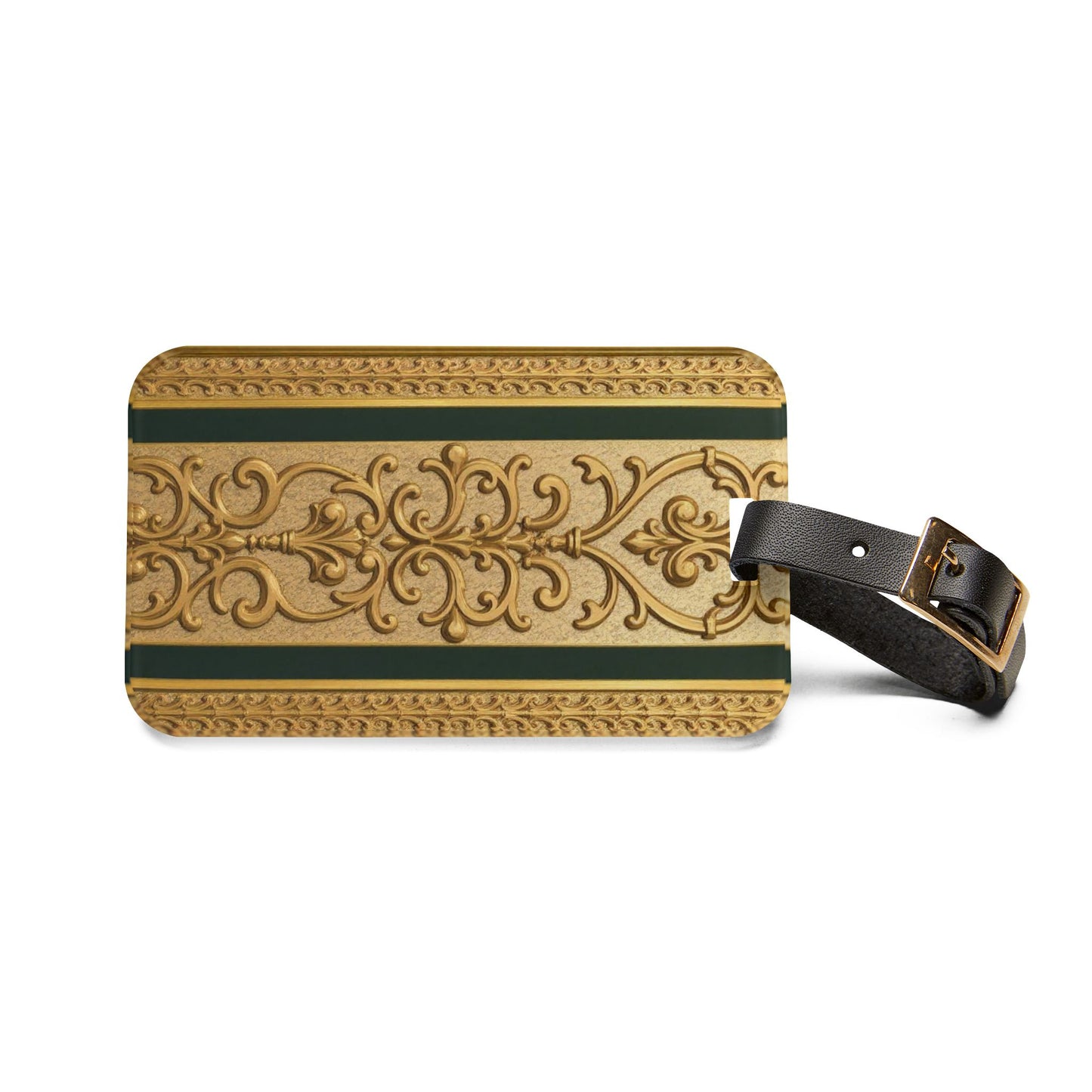 Elegant Teal Striped Gold Baroque Travel Luggage Tag, Vintage Style Bag Identifier, Personalized Baggage Tag for Vacation, Wedding, Holiday Travel