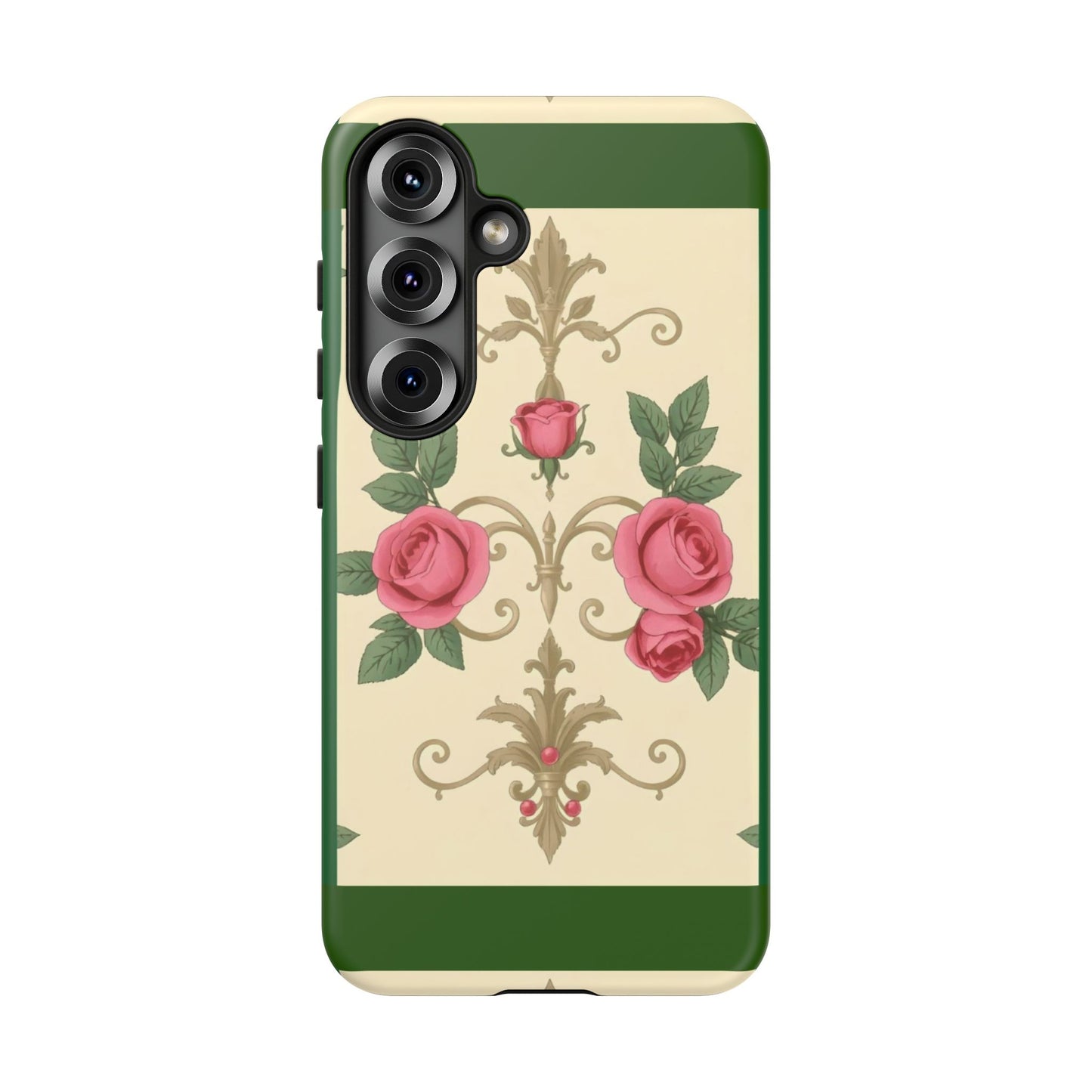 Elegant Floral Motif Phone Case - Tough Cases with Vintage Design - Green Border Roses & Damask