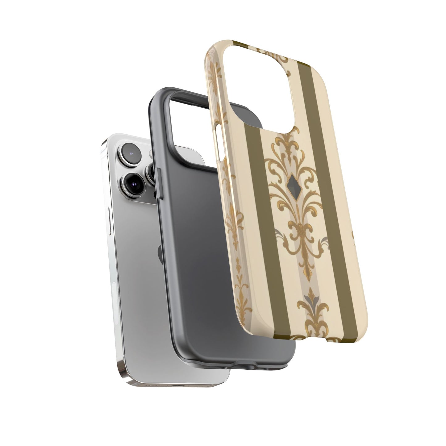 Elegant Floral Motif Phone Case - Tough Cases with Vintage Design - Olive Striped Gold Damask