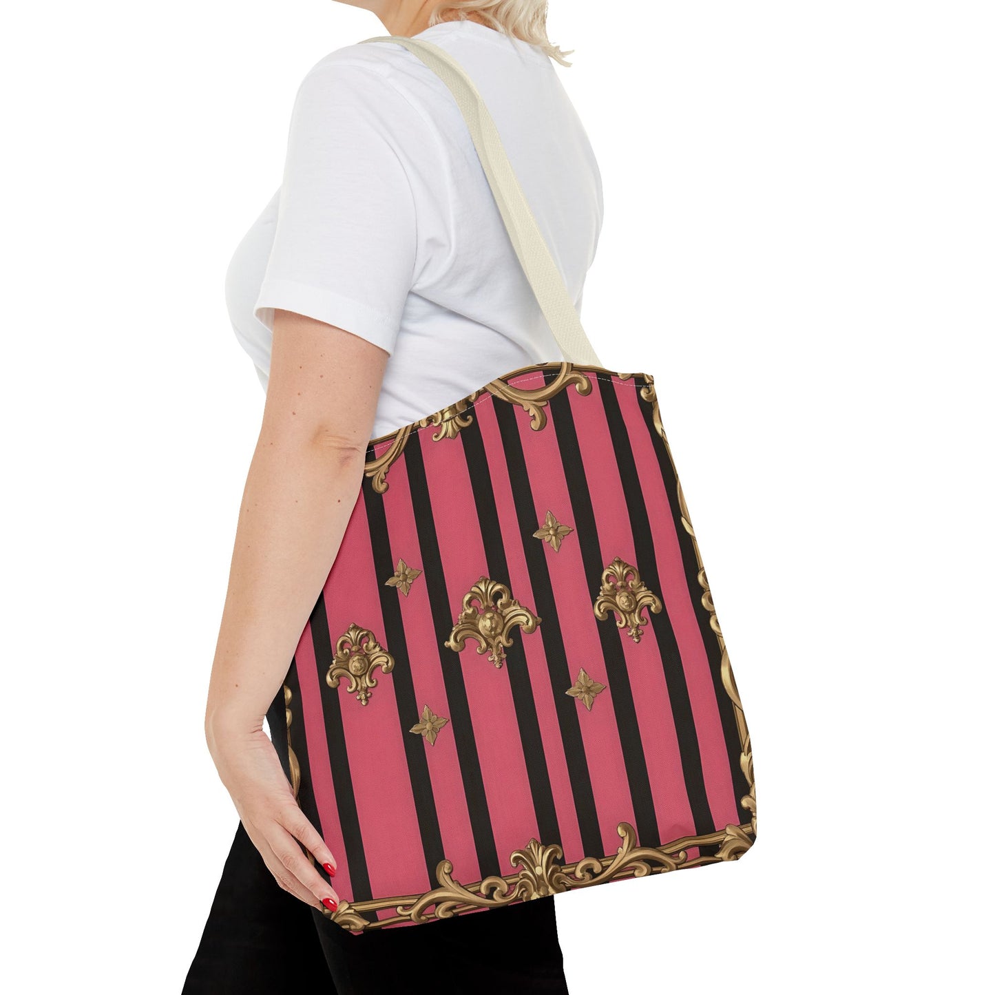 Chic Floral Tote Bag - Elegant Reusable Shopping Bag, Fashion Accessory, Gift for Her, Everyday Use, Eco-Friendly - Pink Striped Gold Rococo