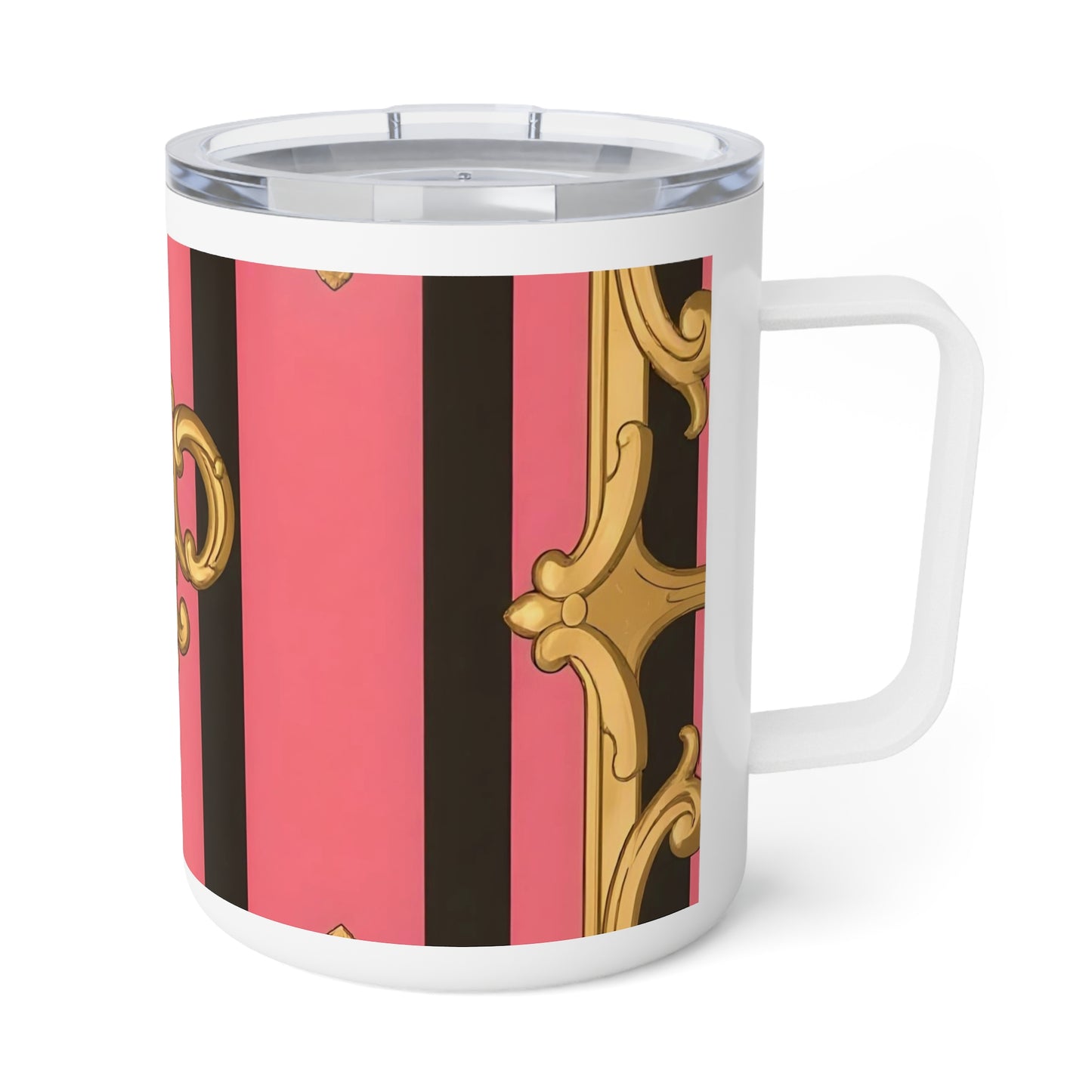Chic Insulated Coffee Mug - Elegant Gold Design, Perfect Gift for Tea Lovers, Stylish Travel Mug - Pink & Black Striped Gold Baroque