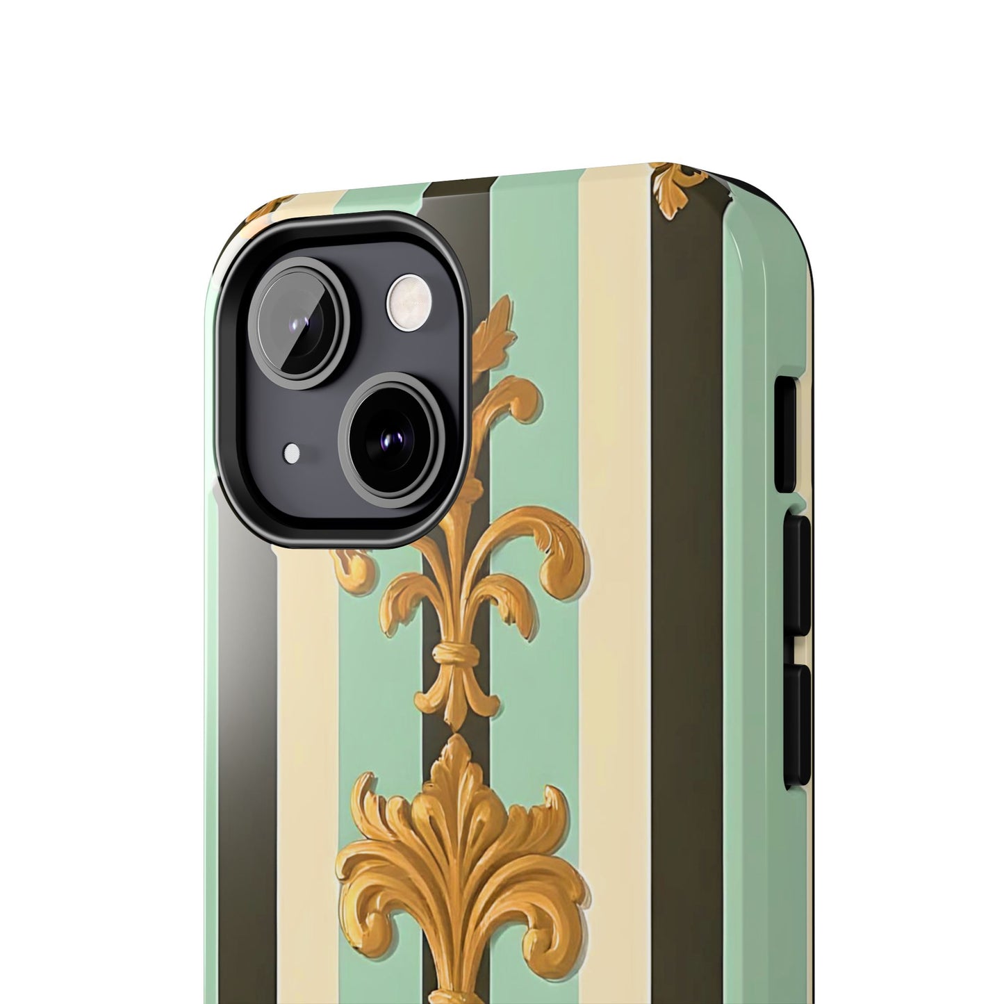 Elegant Floral Tough Phone Cases - Stylish Protection for All Occasions, Gifts for Her, Phone Covers - Black & Matte Mint Striped Rococo