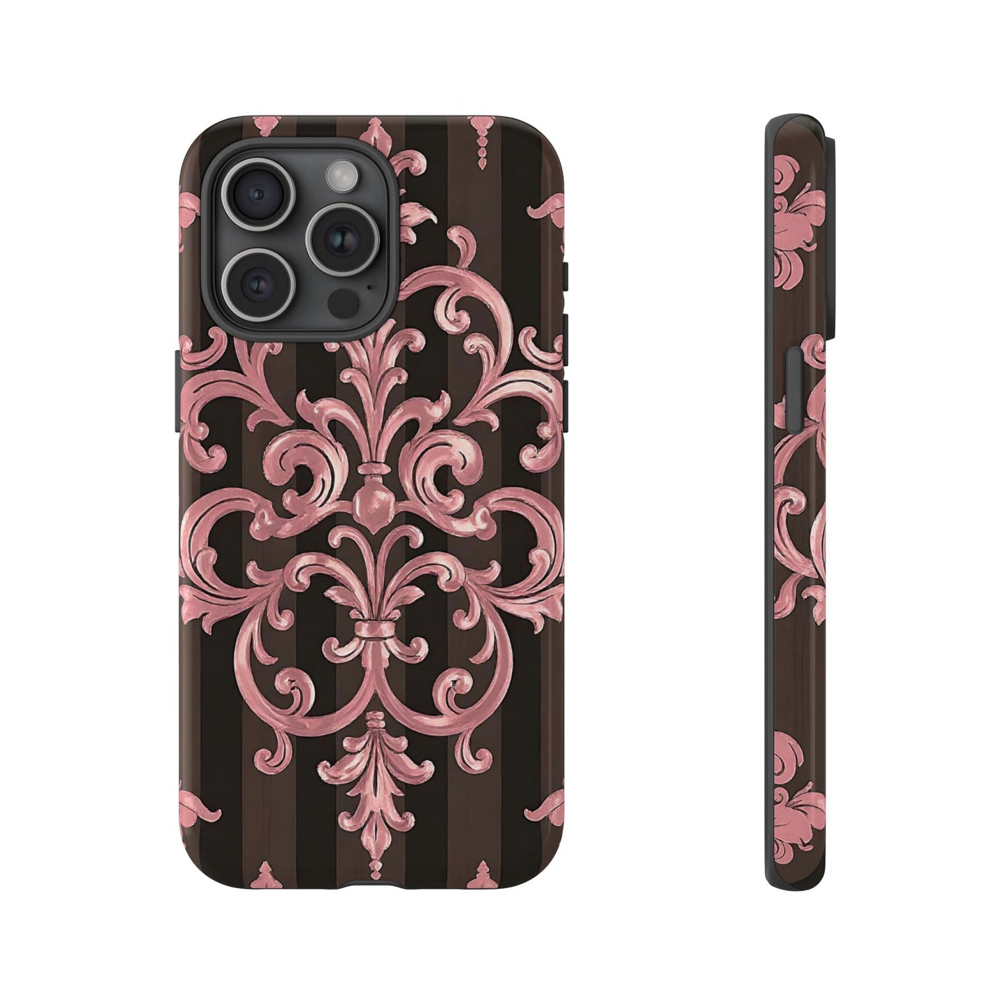 Elegant Floral Motif Phone Case - Tough Cases with Vintage Design - Brown Striped Mauve Damask