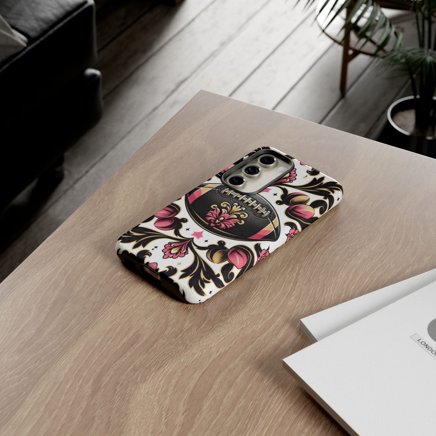 Elegant Floral Motif Phone Case - Tough Cases with Vintage Design - Damask White, Pink Gold & Black Football