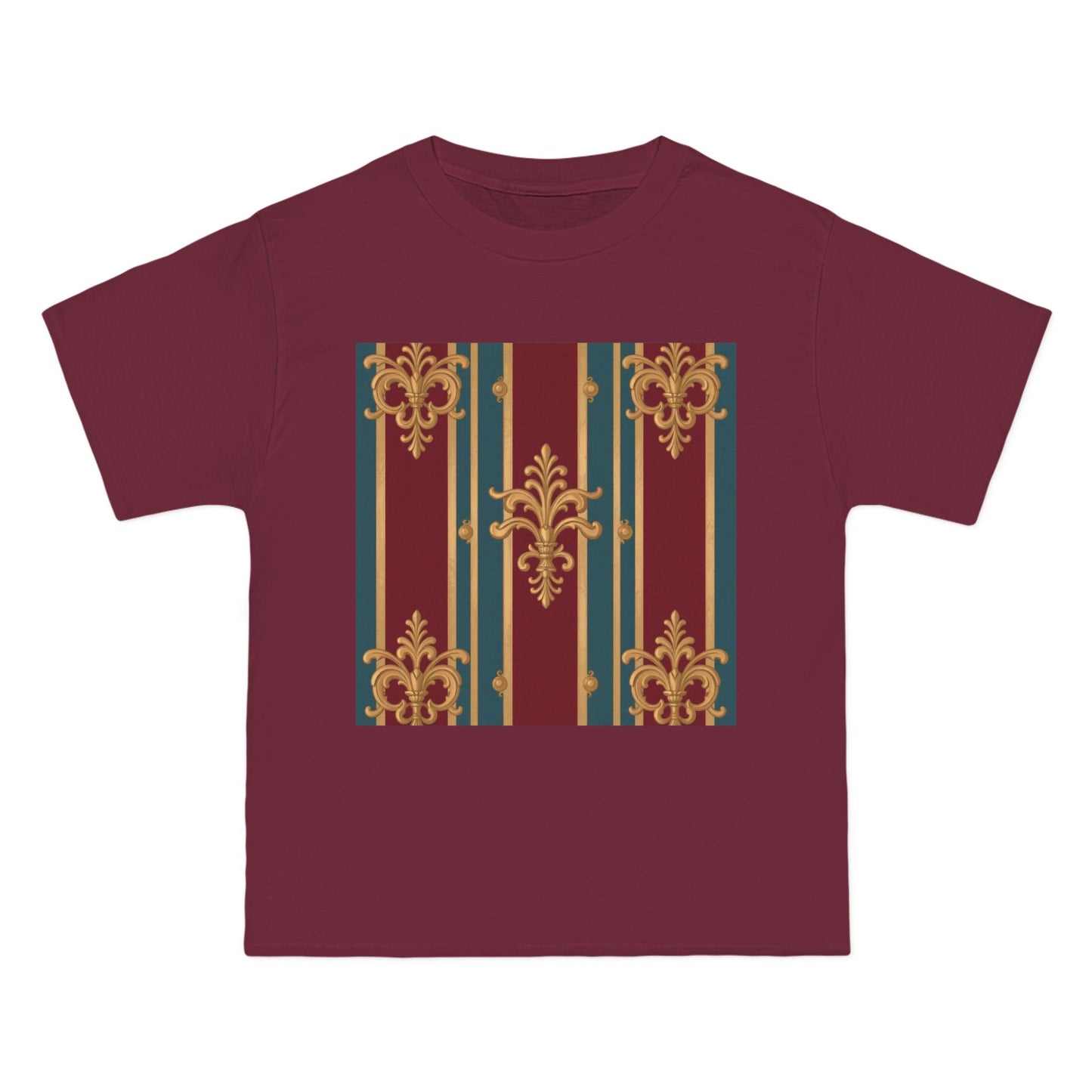 Elegant Vintage Patterned Beefy-T® Short-Sleeve T-Shirt | Casual Wear, Summer Tops, Unique Gift - Burgundy Striped Gold Baroque