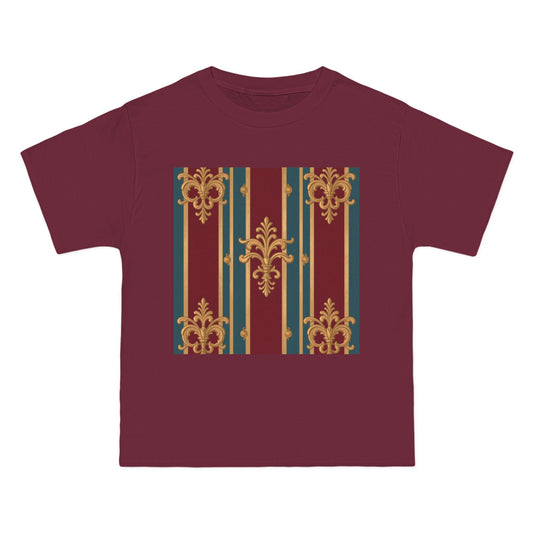 Elegant Vintage Patterned Beefy-T® Short-Sleeve T-Shirt | Casual Wear, Summer Tops, Unique Gift - Burgundy Striped Gold Baroque