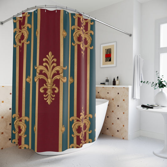 Elegant Vintage Shower Curtains, Boho Bathroom Decor, Floral Pattern, Luxurious Home Accents - Burgundy Striped Gold Baroque