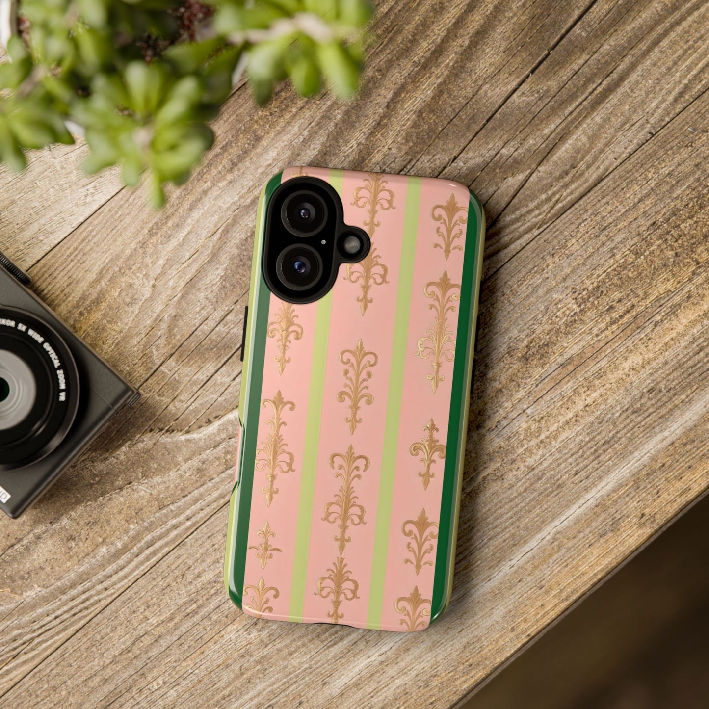 Elegant Floral Motif Phone Case - Tough Cases with Vintage Design - Lime Green & Pink Striped Damask