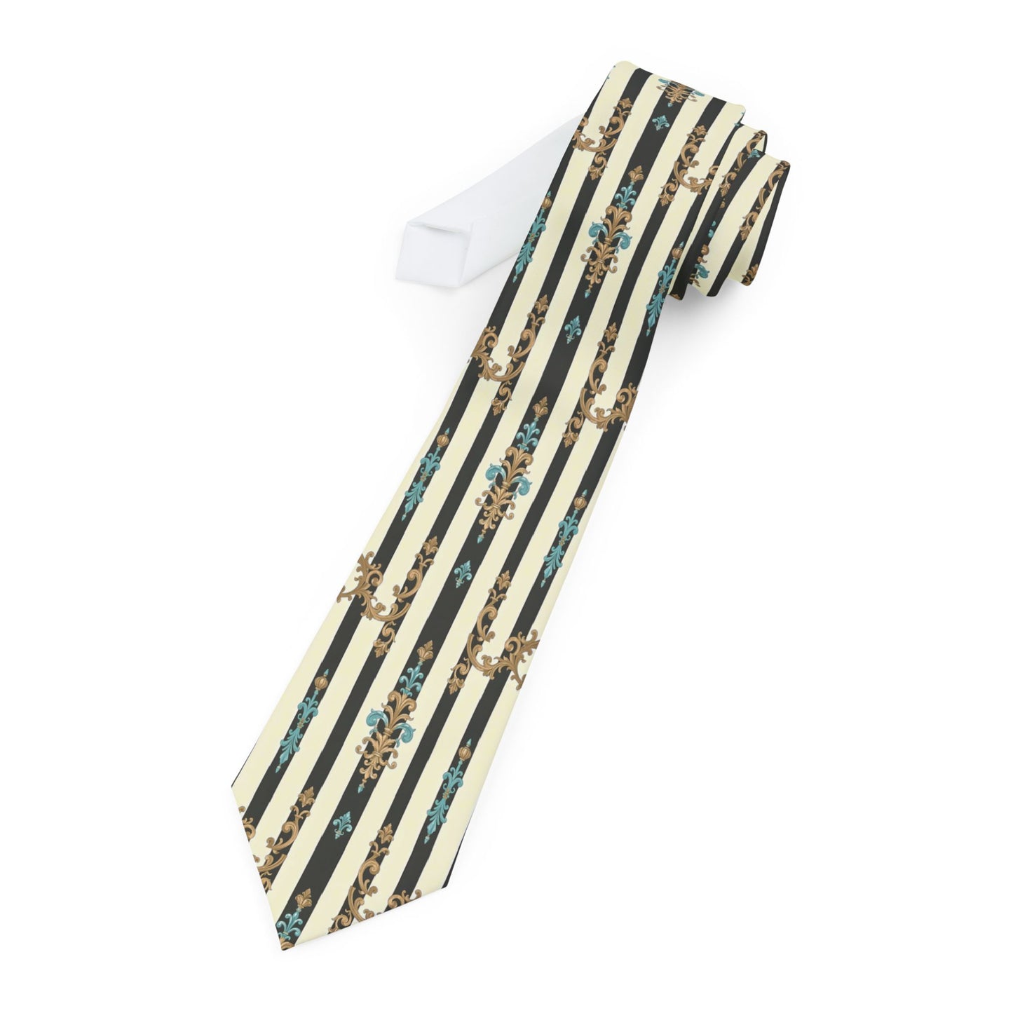 Stylish Necktie with Floral Stripes, Elegant Tie for Weddings, Business Meetings, Father's Day Gif - Black Striped Turquoise & Black Rococo