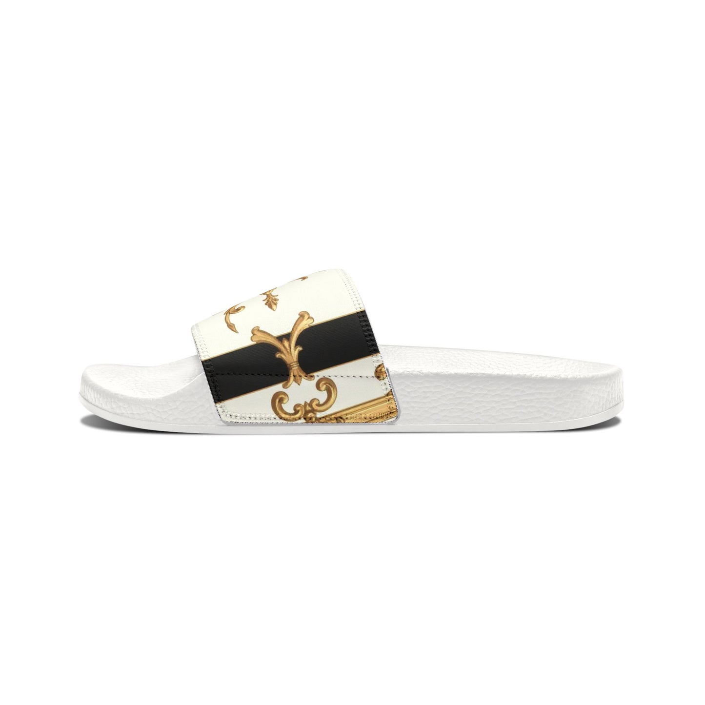 Stylish Women's Removable-Strap Sandals - Trendy Summer Slippers, Vacation Footwear, Casual Style - Black & White Striped Gold Baroque