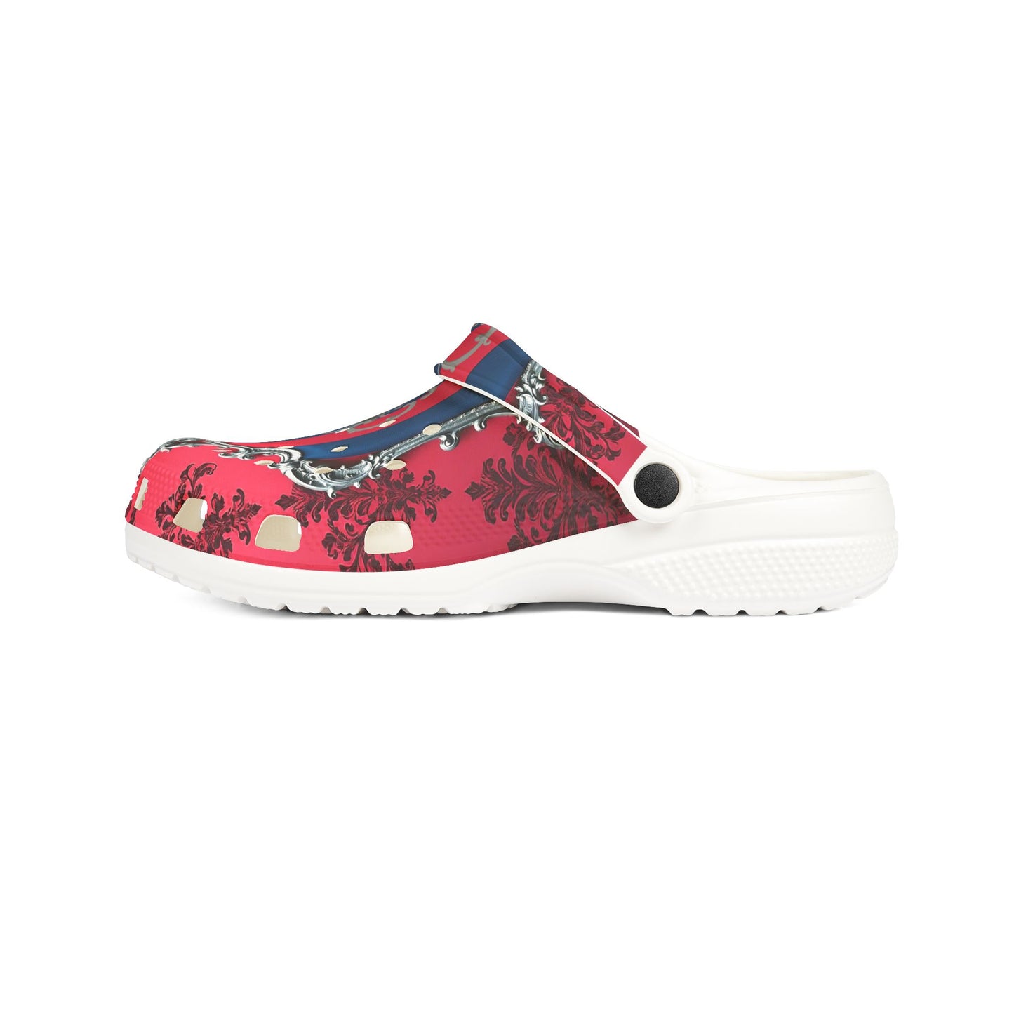 Stylish EVA Foam Rubber Clogs - Vibrant Floral Design, Comfortable Garden Footwear, Trendy Summer Shoes - Blue & Red Striped Silver Crest