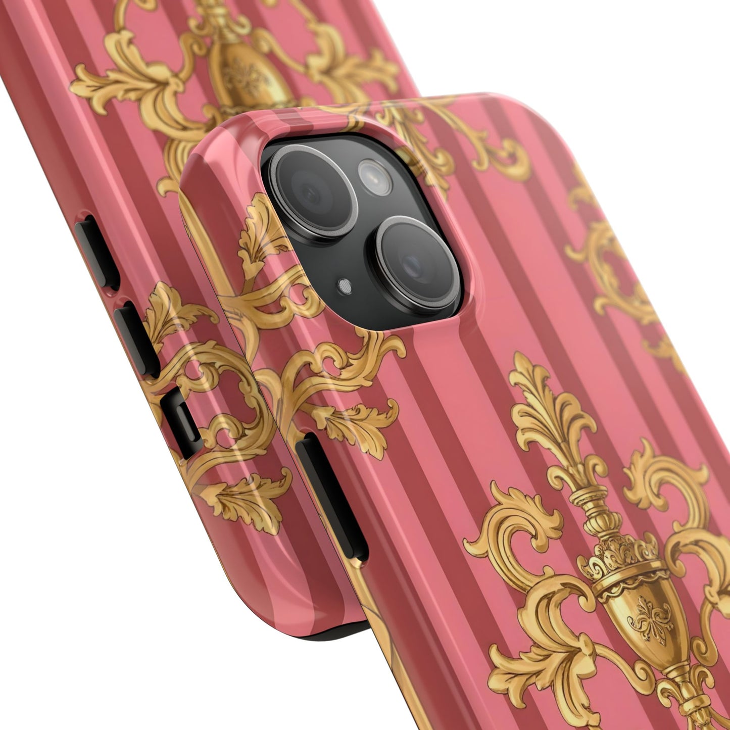 Elegant Baroque Tough Phone Cases, Durable Phone Cover, Stylish Accessory, Gift for Any Occasion - Pink Striped Gold Baroque