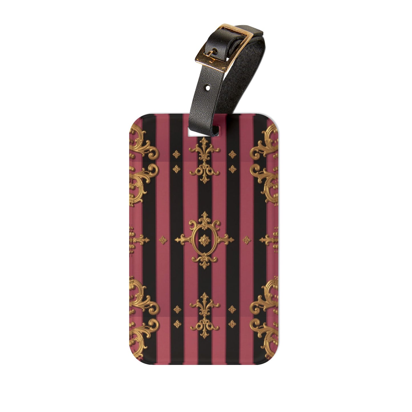 Stylish Black & Mauve Striped Gold Baroque Luggage Tag,  Travel Accessory, Personalized Gift for Travelers, Custom Luggage Tag
