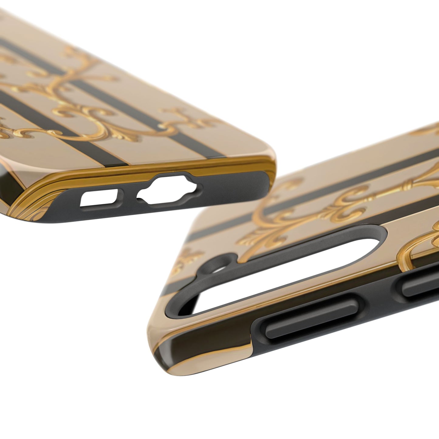 Elegant Vintage Tough Phone Case, Stylish Phone Cover, Boho Accessories, Perfect Gift for Her - Beige Striped Gold Rococo