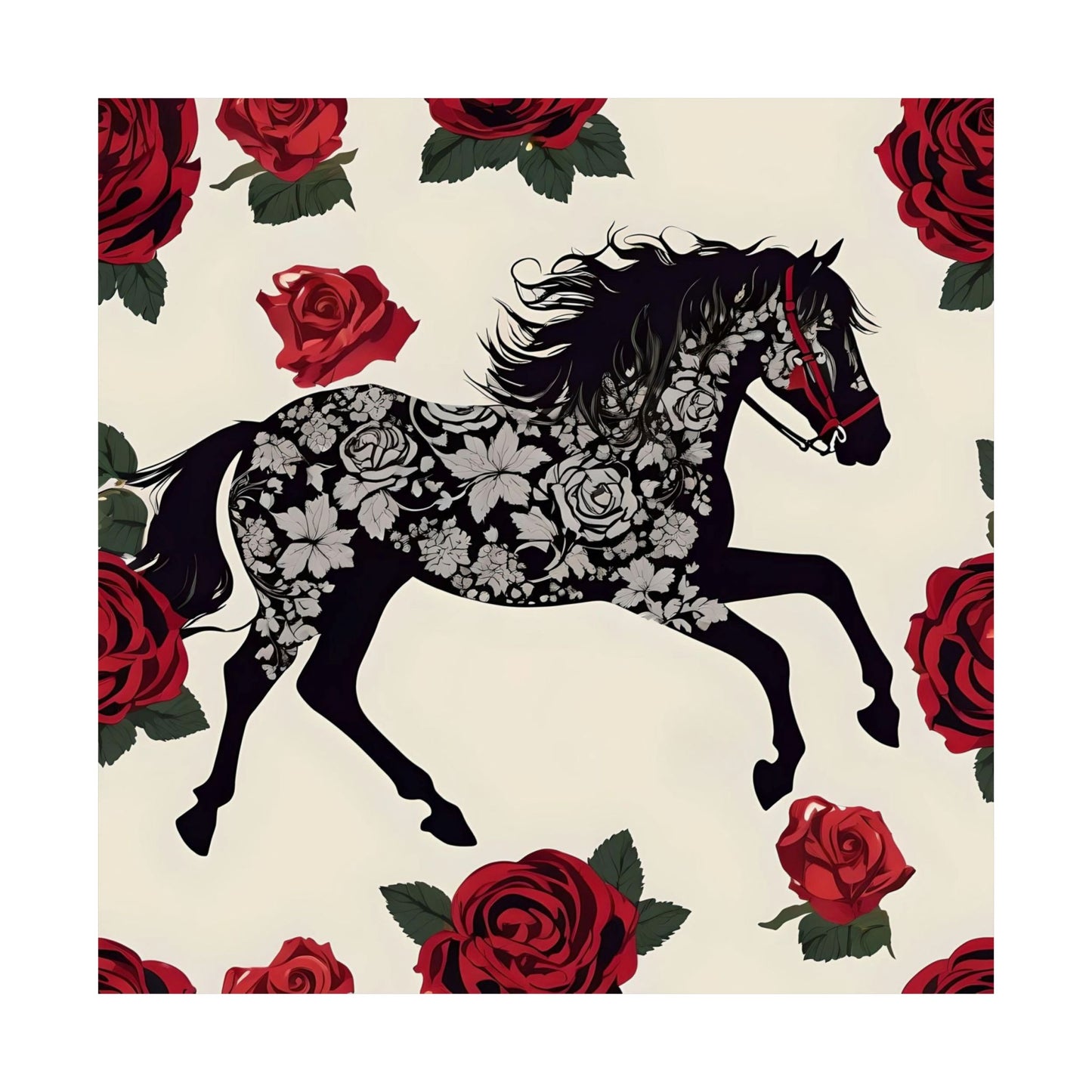 Floral Motif Art Poster - Elegant Matte Vertical Wall Decor - Horse & Roses
