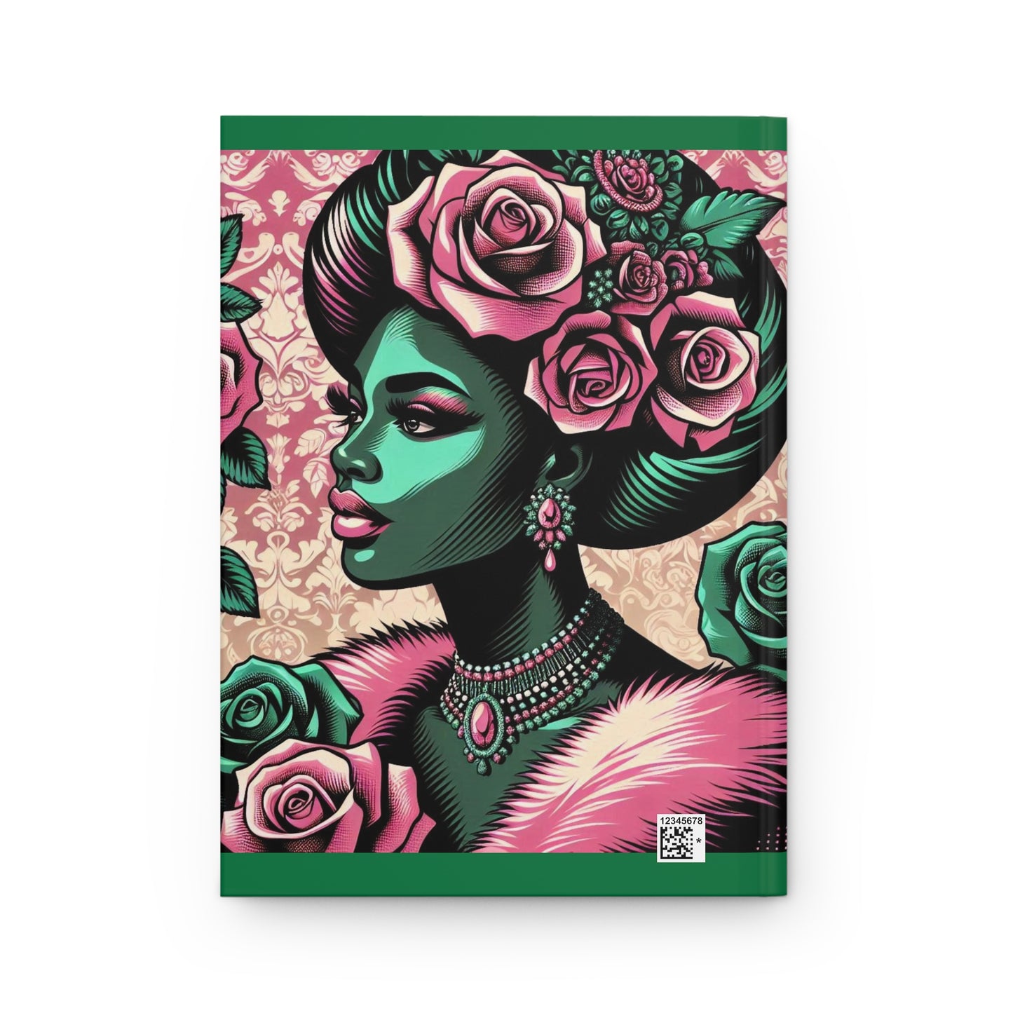Elegant Floral Hardcover Journal - Stylish Writing Notebook - Emerald Green Lady With Roses & Damask Design